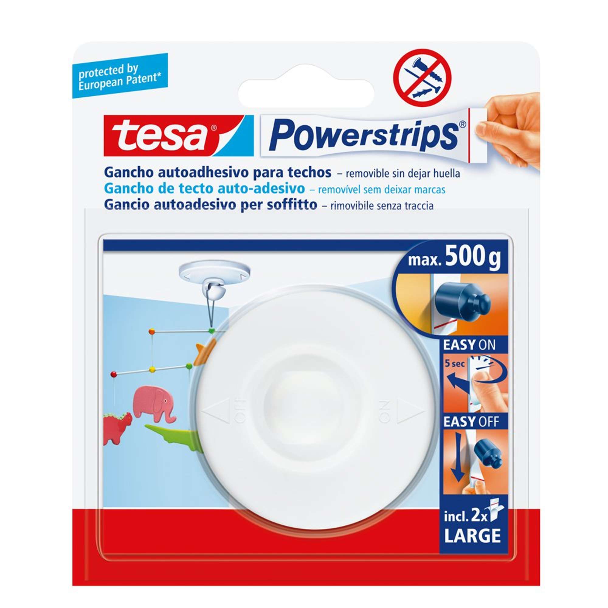 tesa Powerstrips Deckenhaken 58029, 1 Haken + 2 Strips Large, Weiss