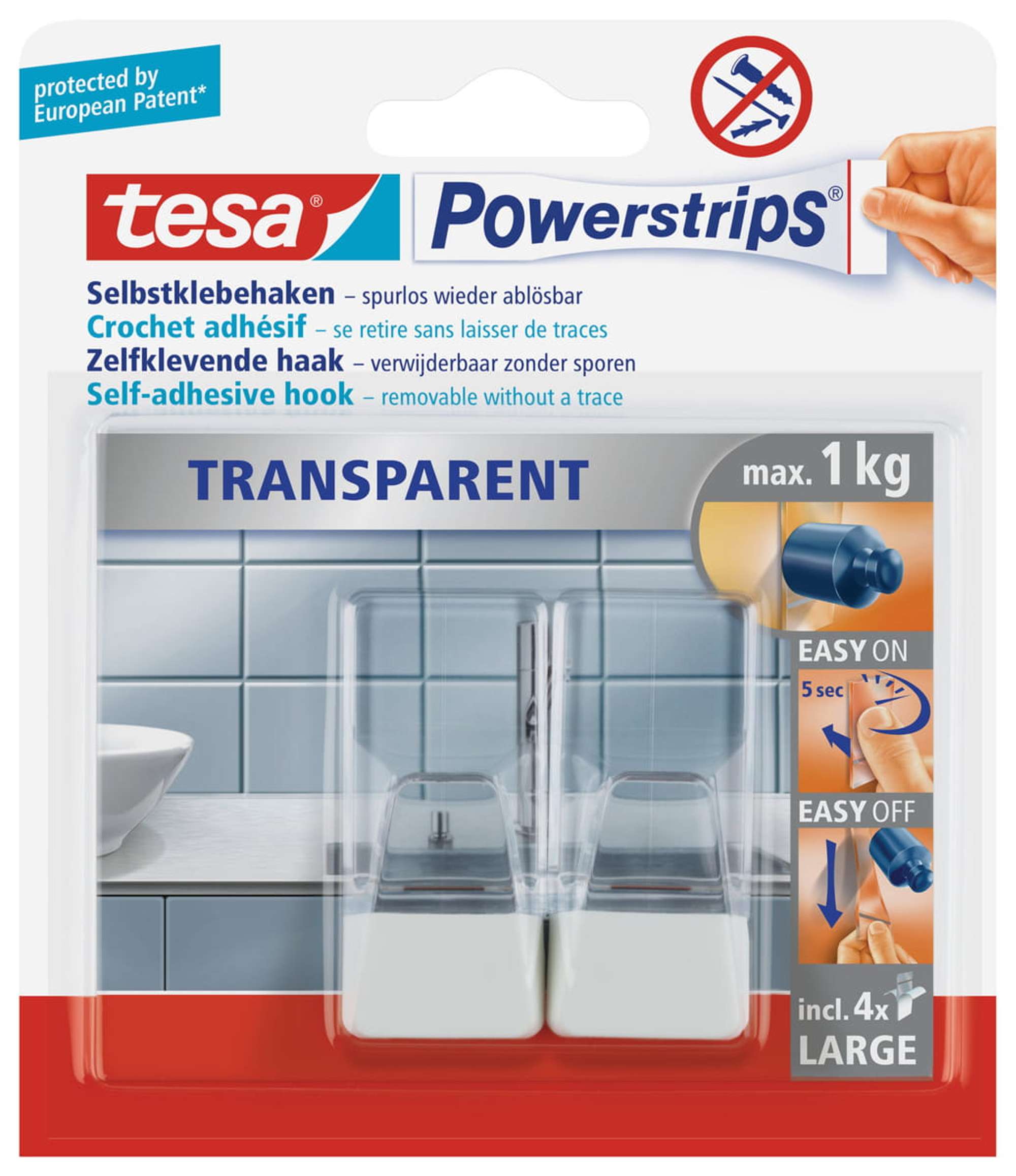 tesa Powerstrips Transparent Haken LARGE weiss 58811, 2 Haken + 4 Powerstrips Large, weiss