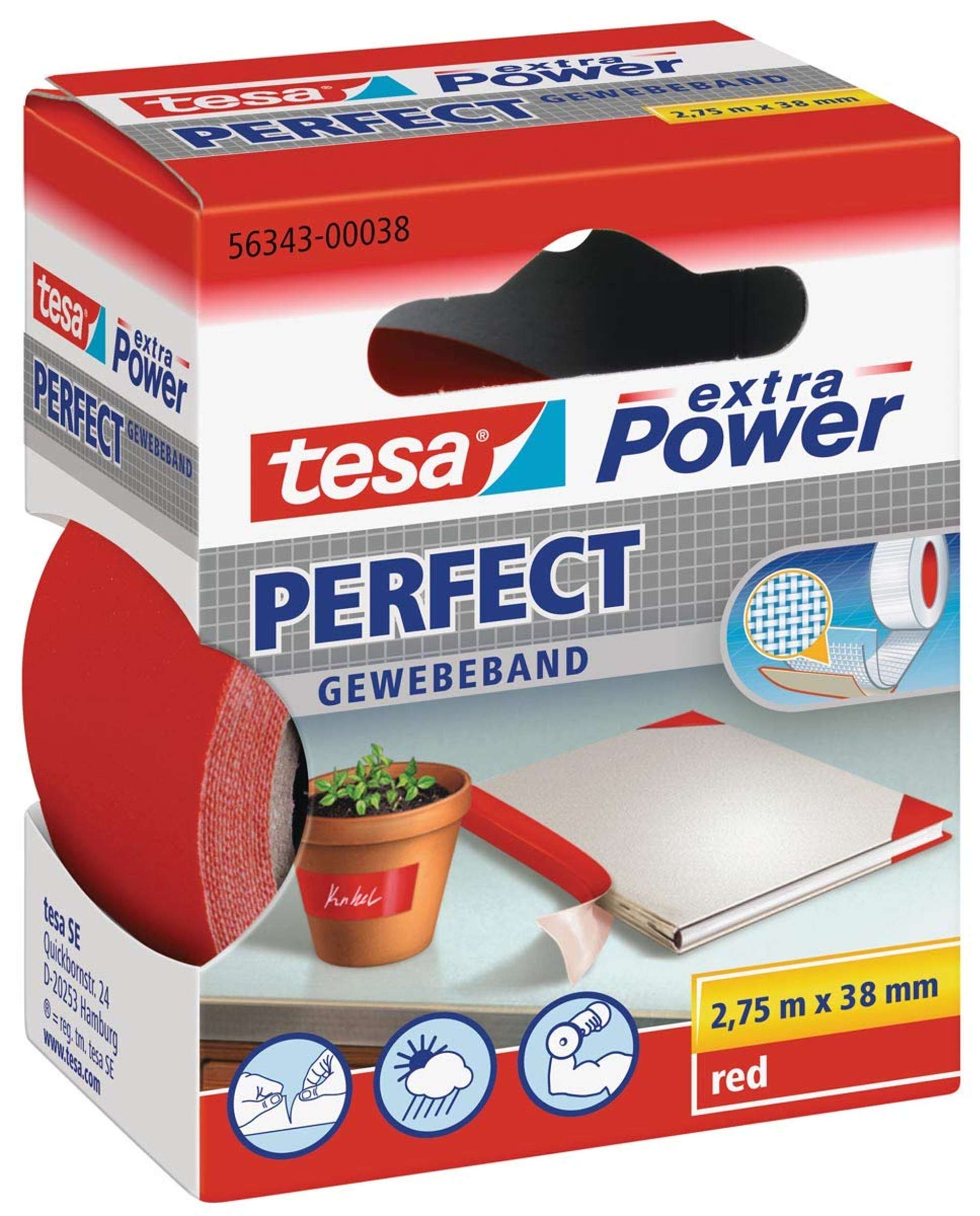 tesa extra Power Perfect Gewebeband, 2,75 m x 38 mm, rot