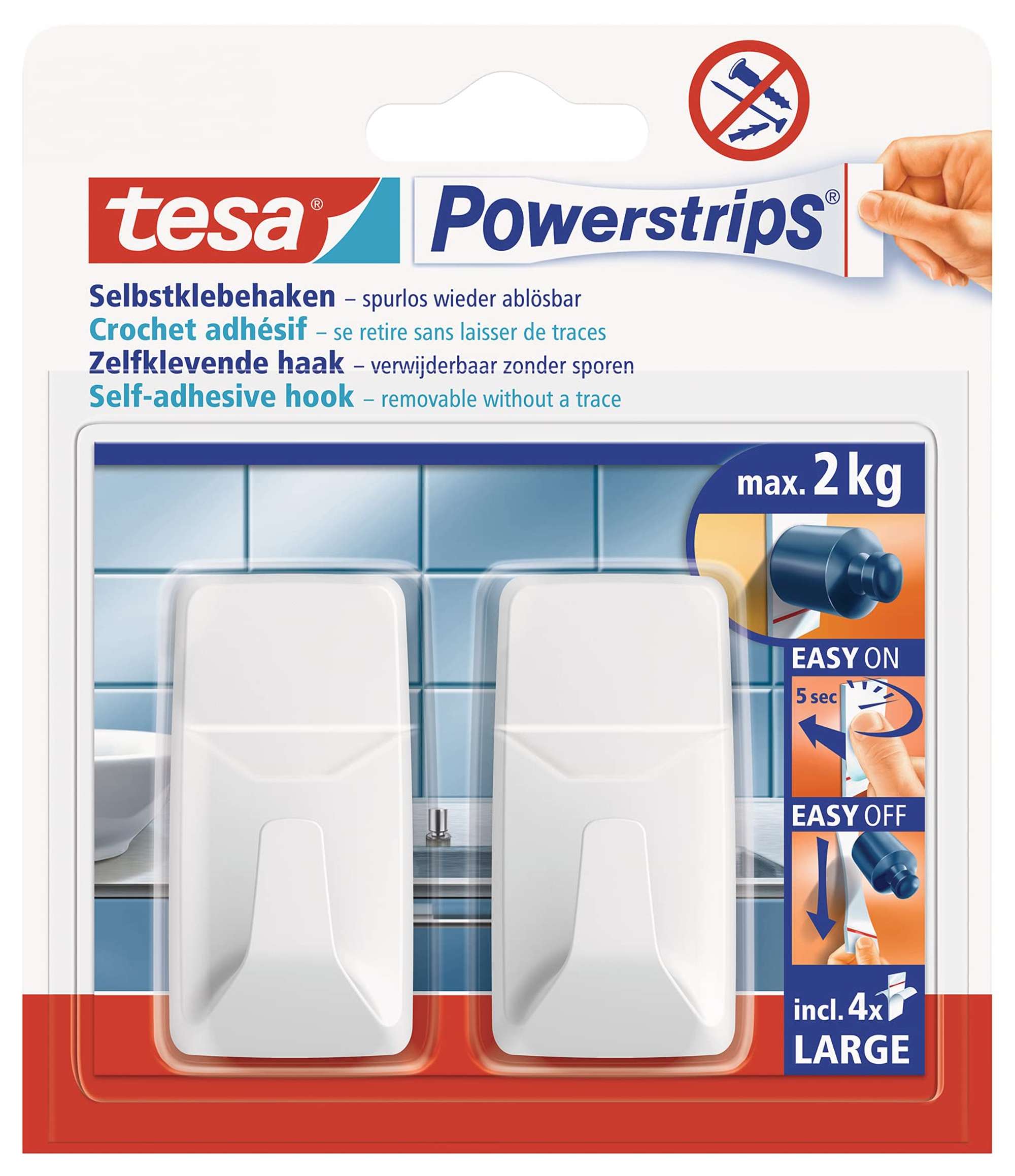 tesa Powerstrips Haken Large, rechteckig weiss, 2 x 2 kg