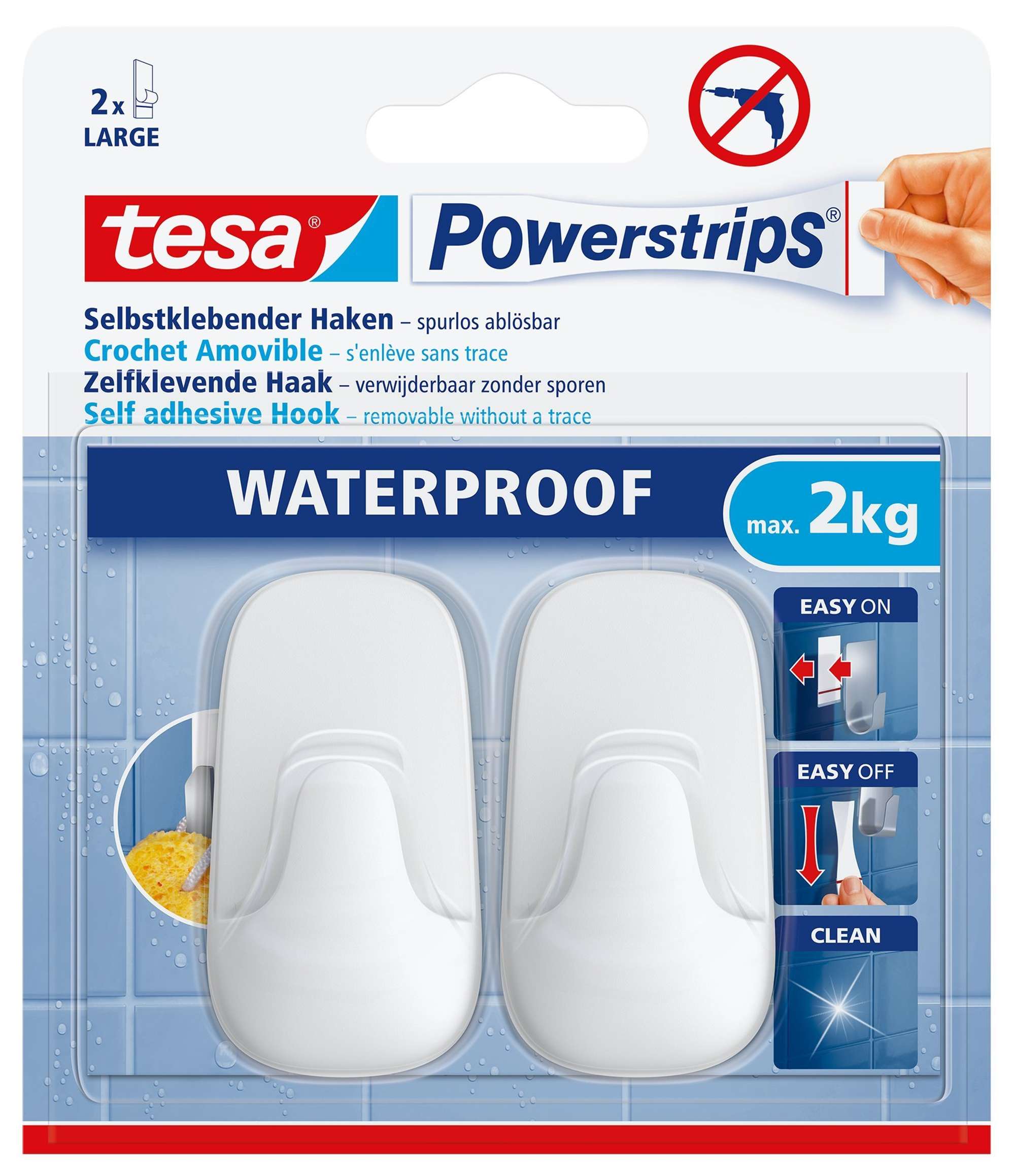 tesa Powerstrips Haken Waterproof L Kunststoff  59781, 2 Haken + 2 Powerstrips Large, weiss