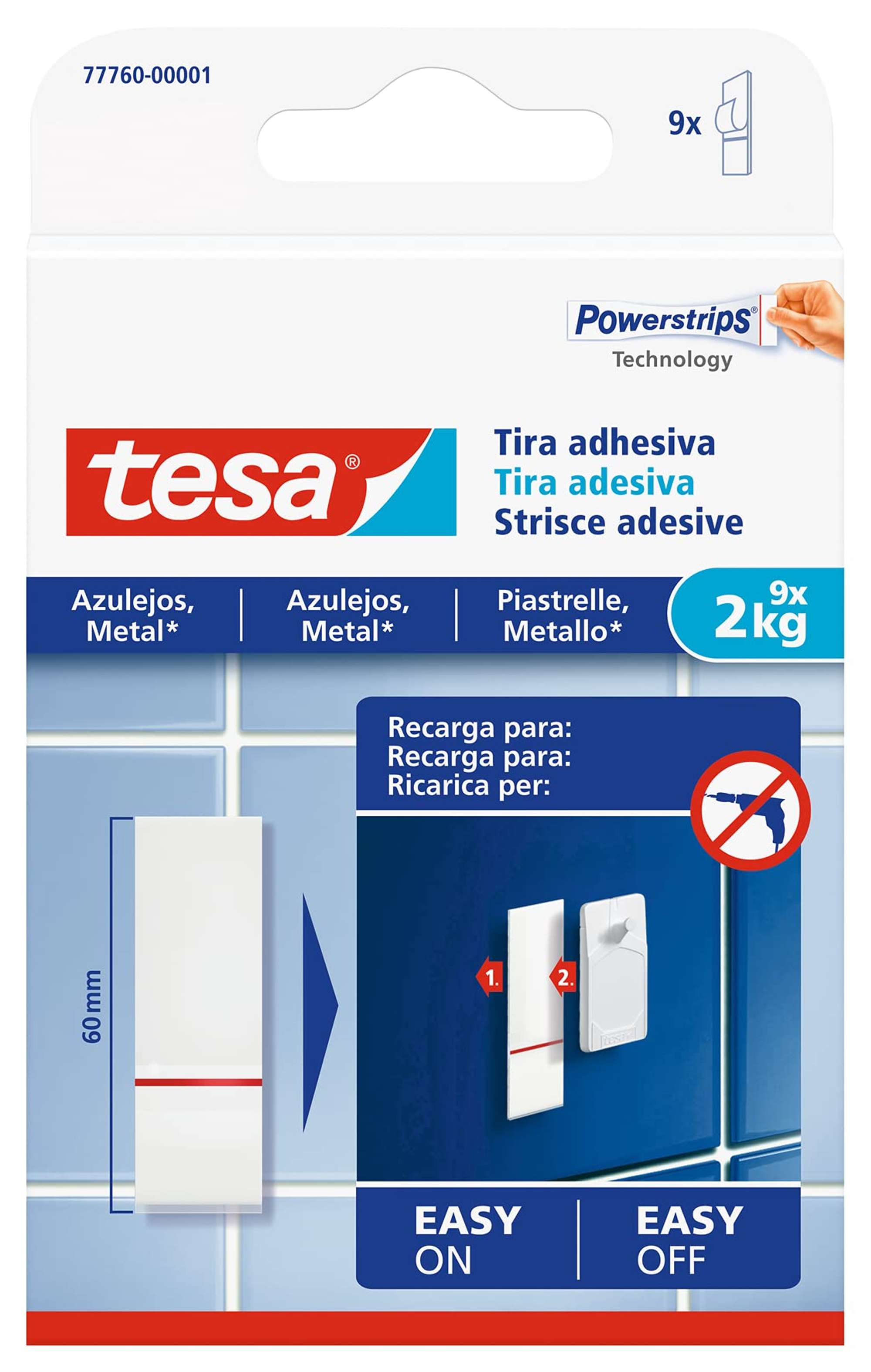 tesa Klebestreifen fuer Fliesen und Metall 77760, 1 Pack á 9 Stueck 2 kg