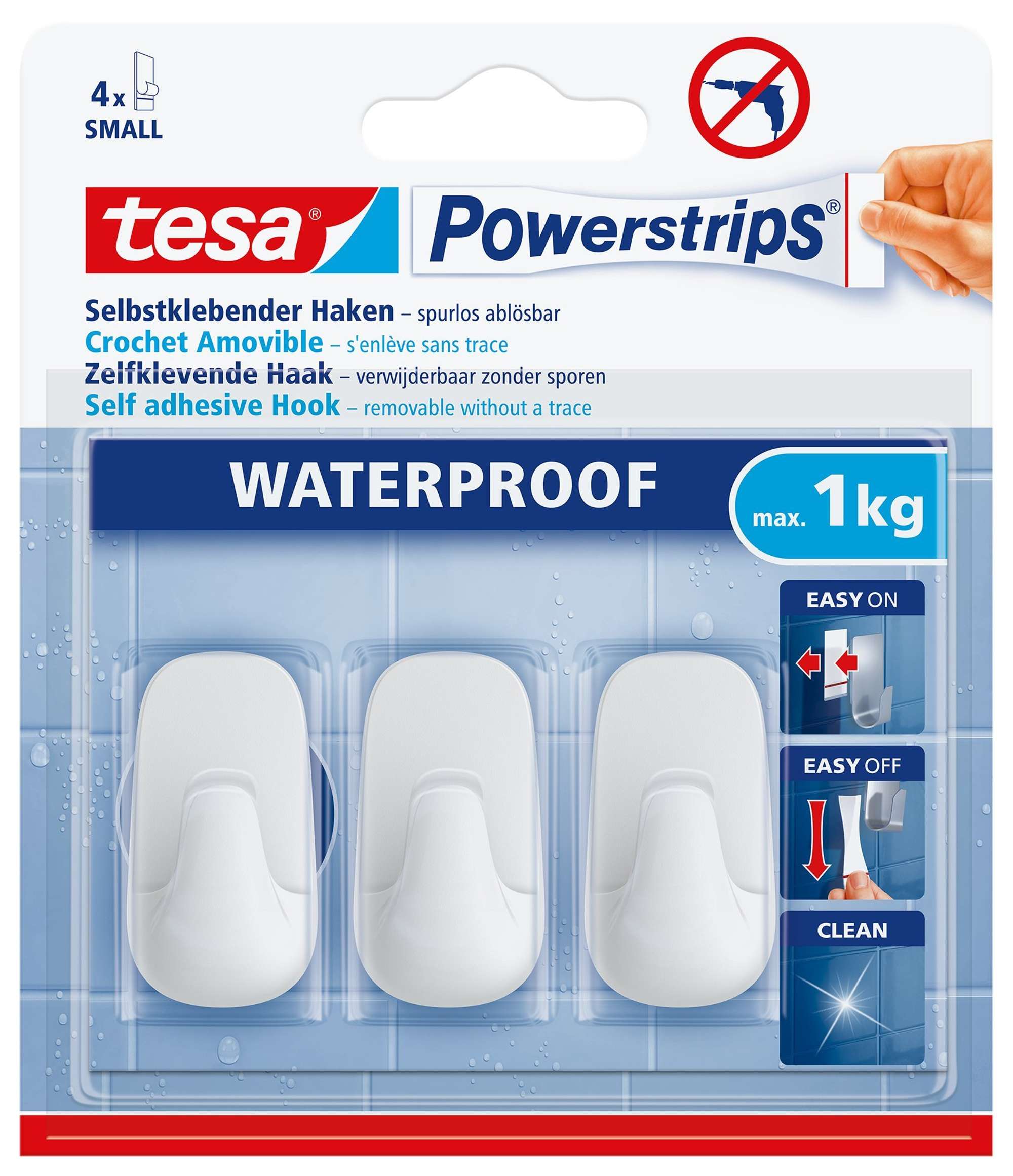 tesa Powerstrips Haken Waterproof S Kunststoff weiss 59782, 3 Haken + 4 Powerstrips Small