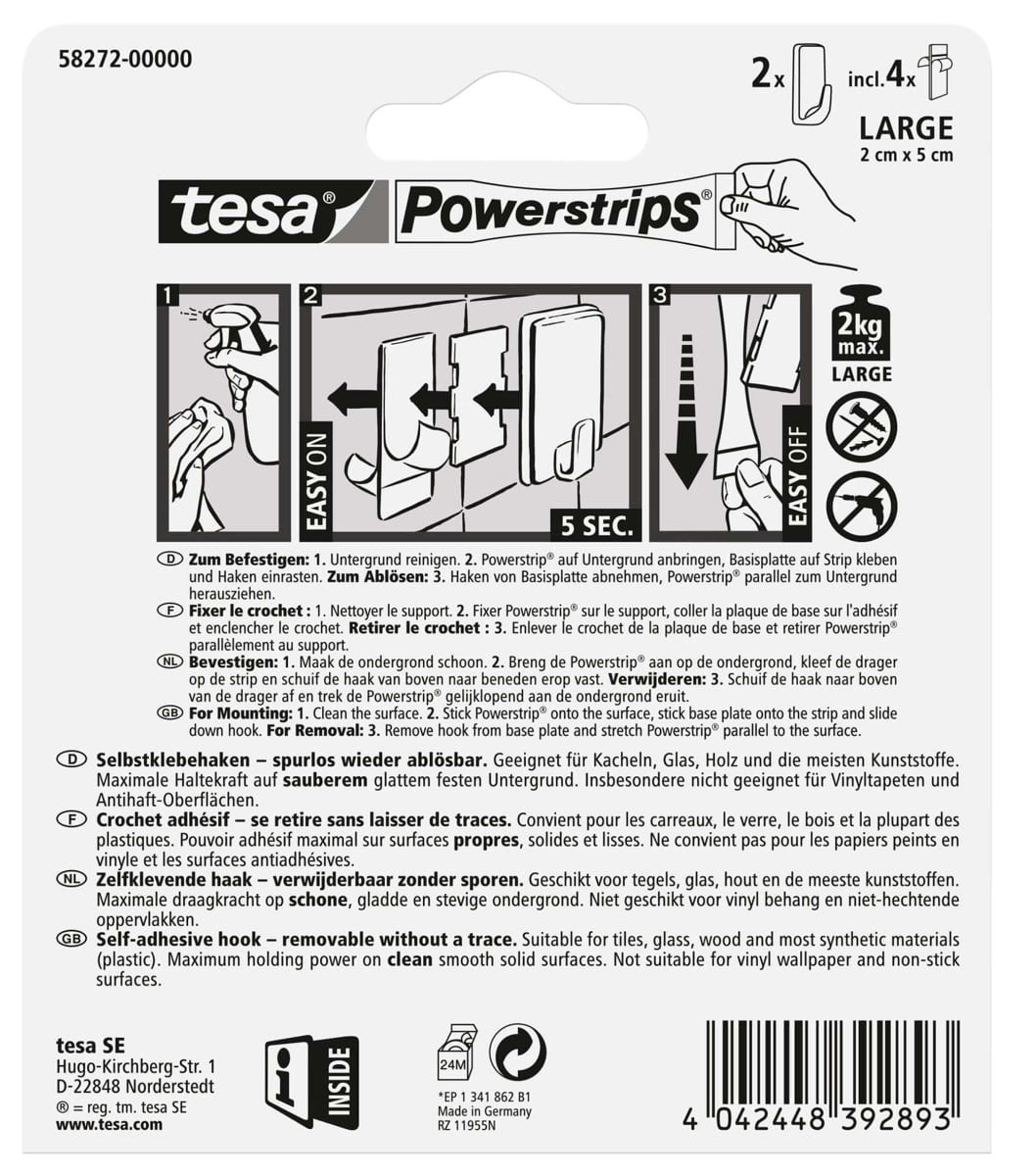 tesa Powerstrips Haken Large, rechteckig weiss, 2 x 2 kg