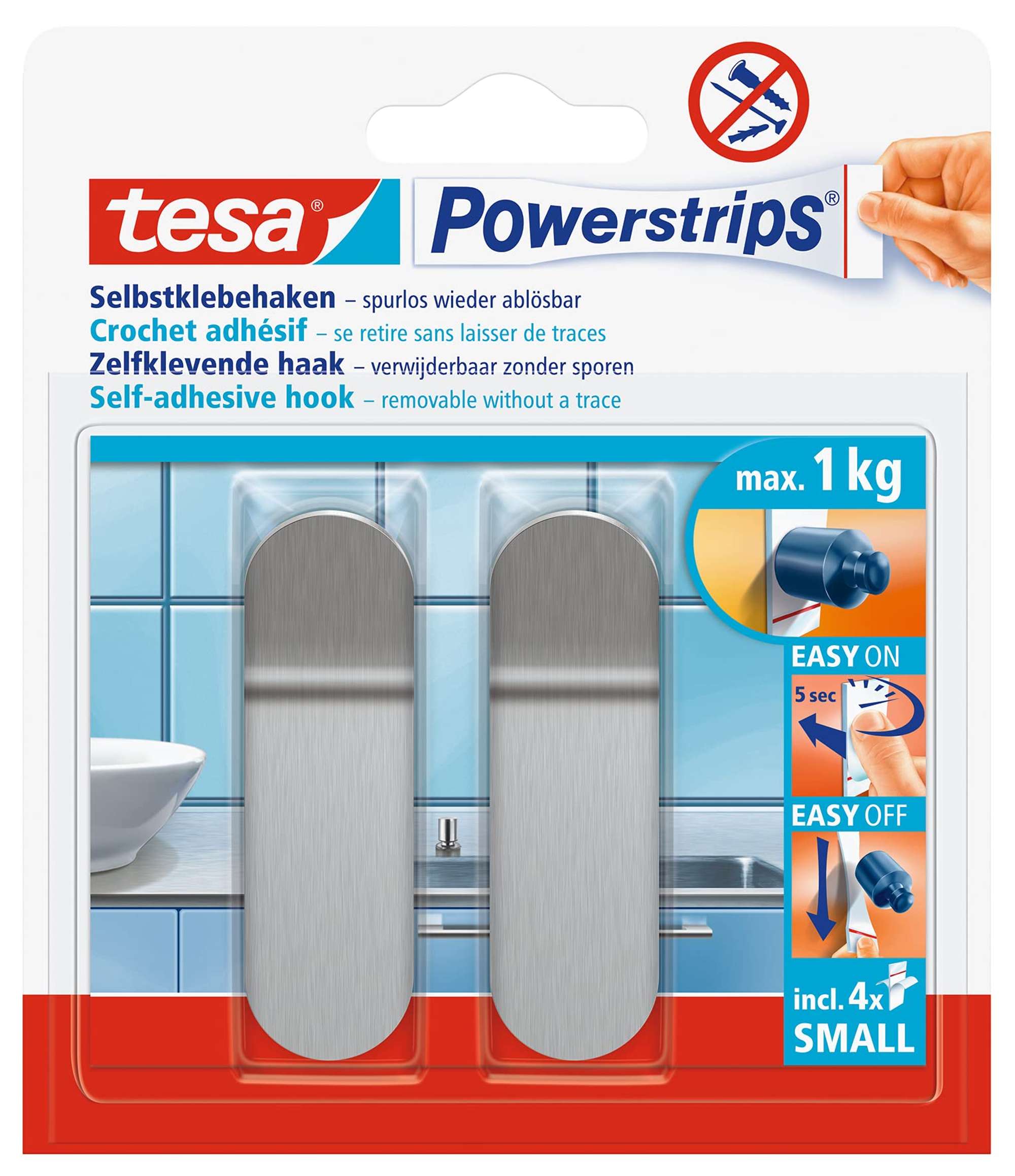 tesa Powerstrips Haken S Metall 57045, 2 Haken + 4 Powerstrips Small