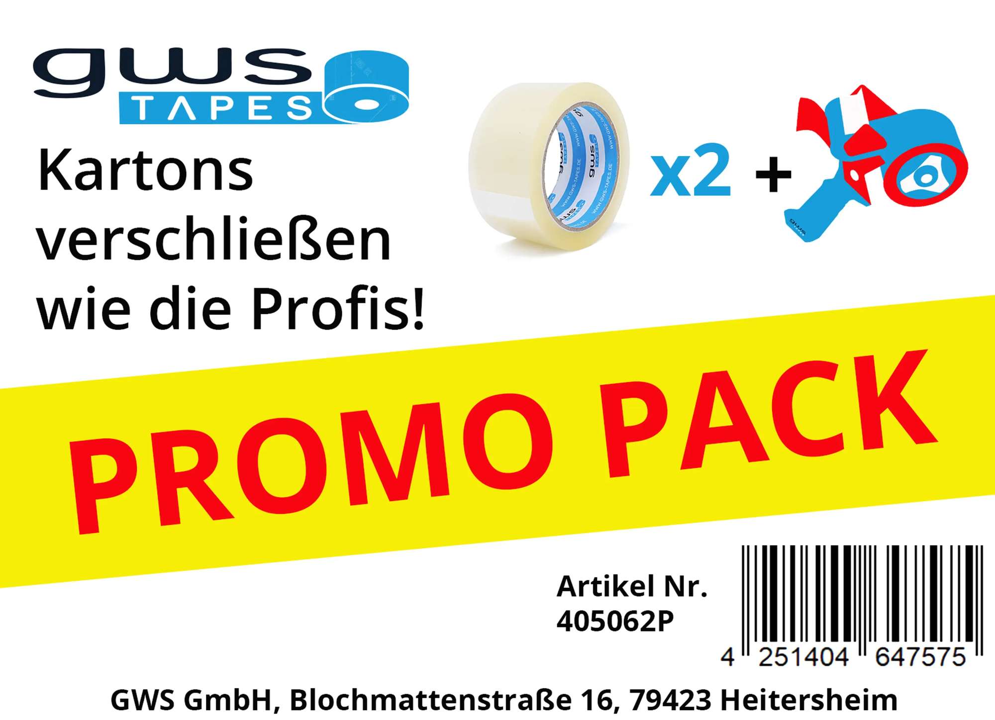 gws PROMO Set Handabroller + 2 Rollen gws Packband, Abroller + 2 Rollen 66 m x 50 mm