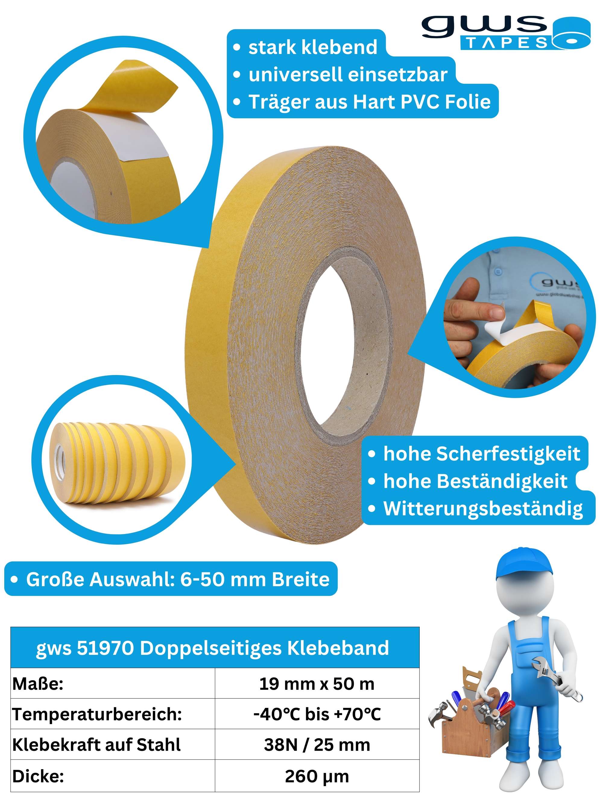 gws Fix 51970 doppelseitiges Klebeband, 50 m x 19 mm
