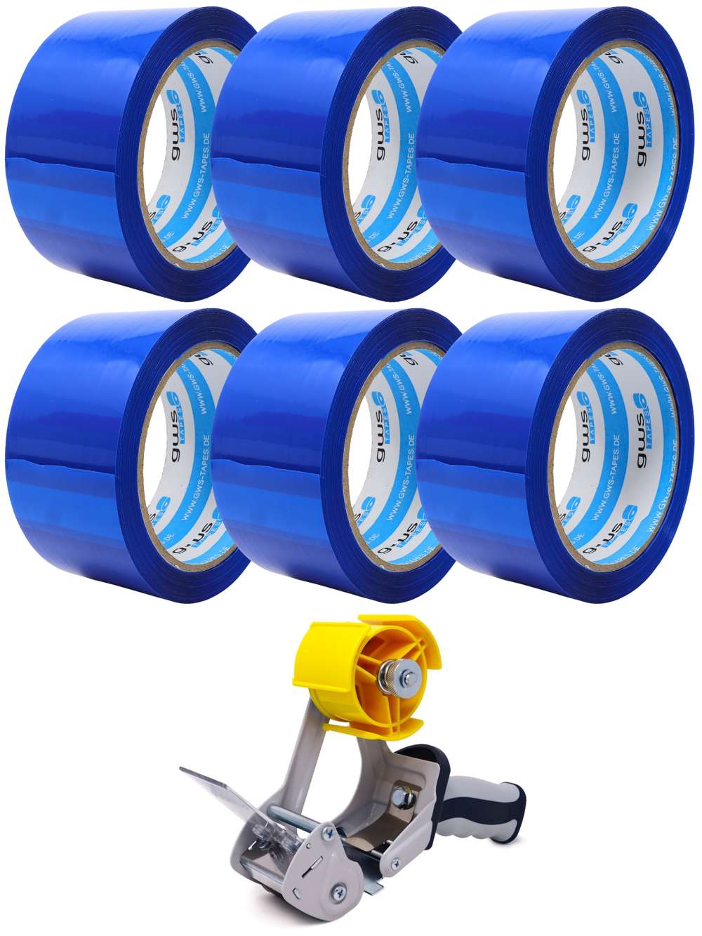 gws Verpackungsklebeband-Set, 66 m x 50 mm, Abroller + 6 Rollen blau