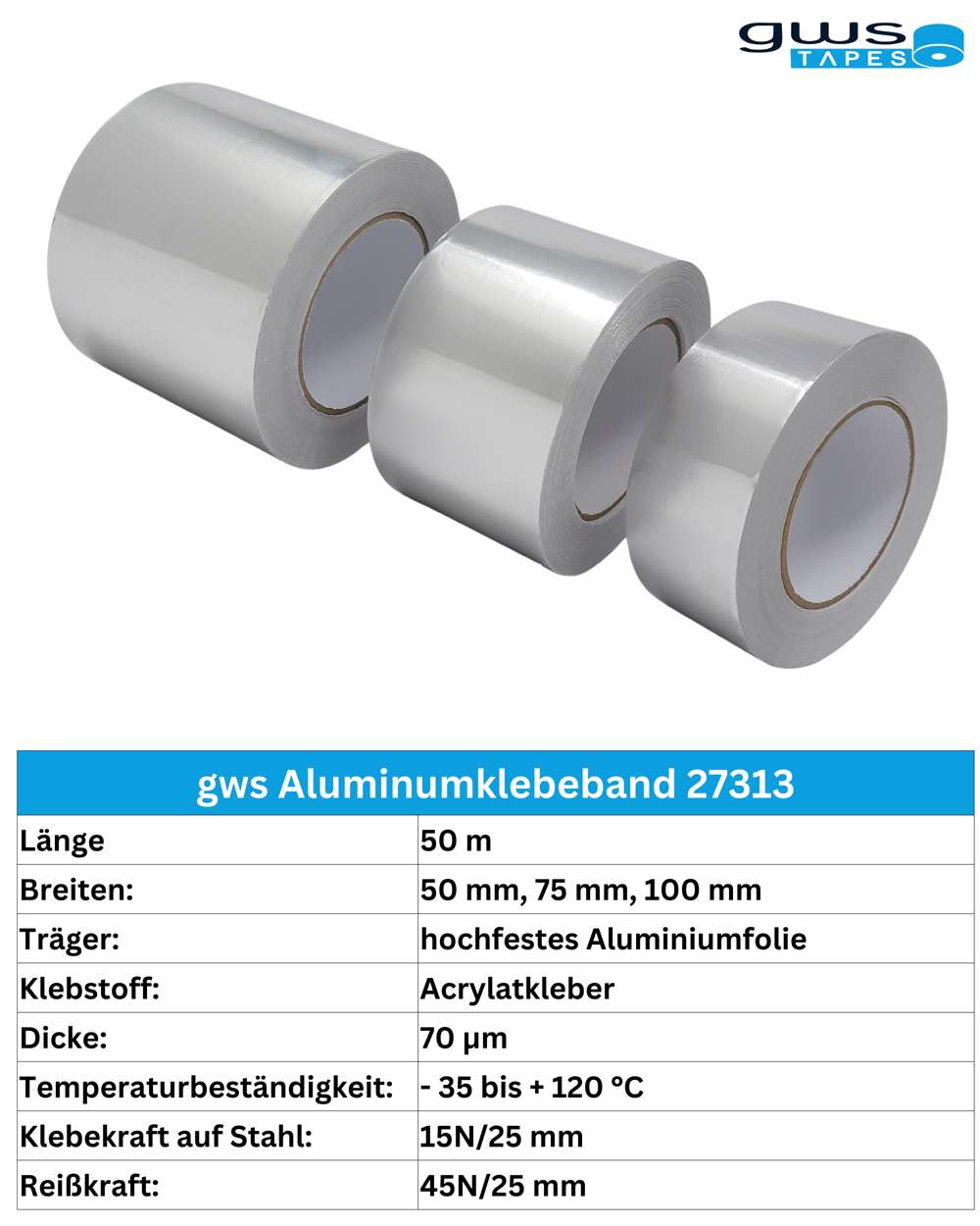 gws 27313 Tapes Aluminium Klebeband, 50 m x 100 mm, alu
