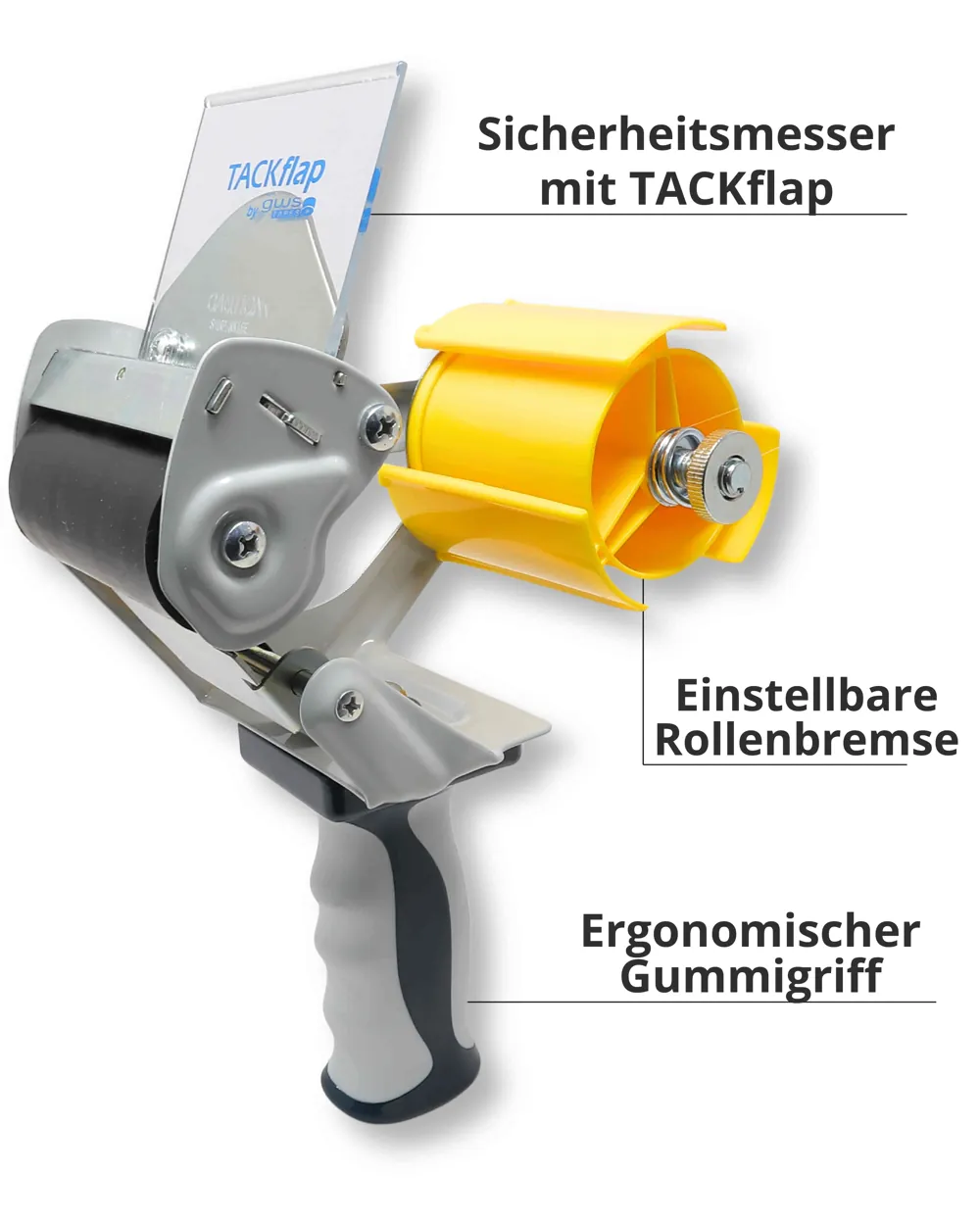 gws 416075 Packband Handabroller mit Sicherheitsmesser, TACKflap, bis 75 mm