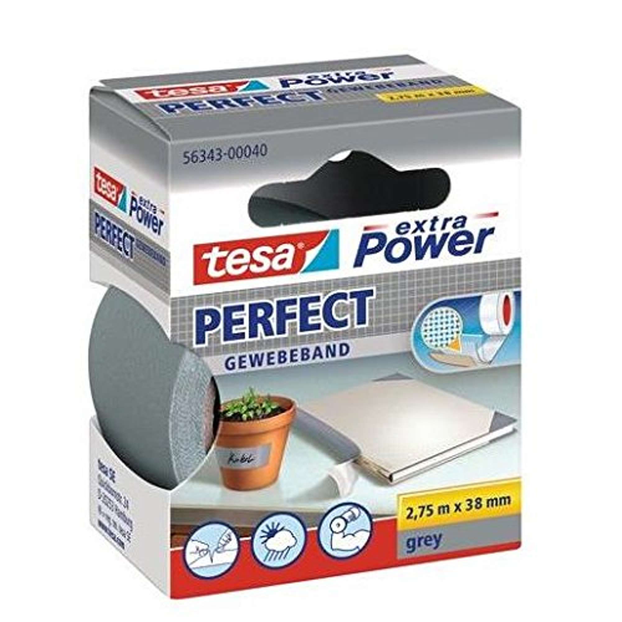 tesa extra Power Perfect Gewebeband, 2,75 m x 38 mm, grau