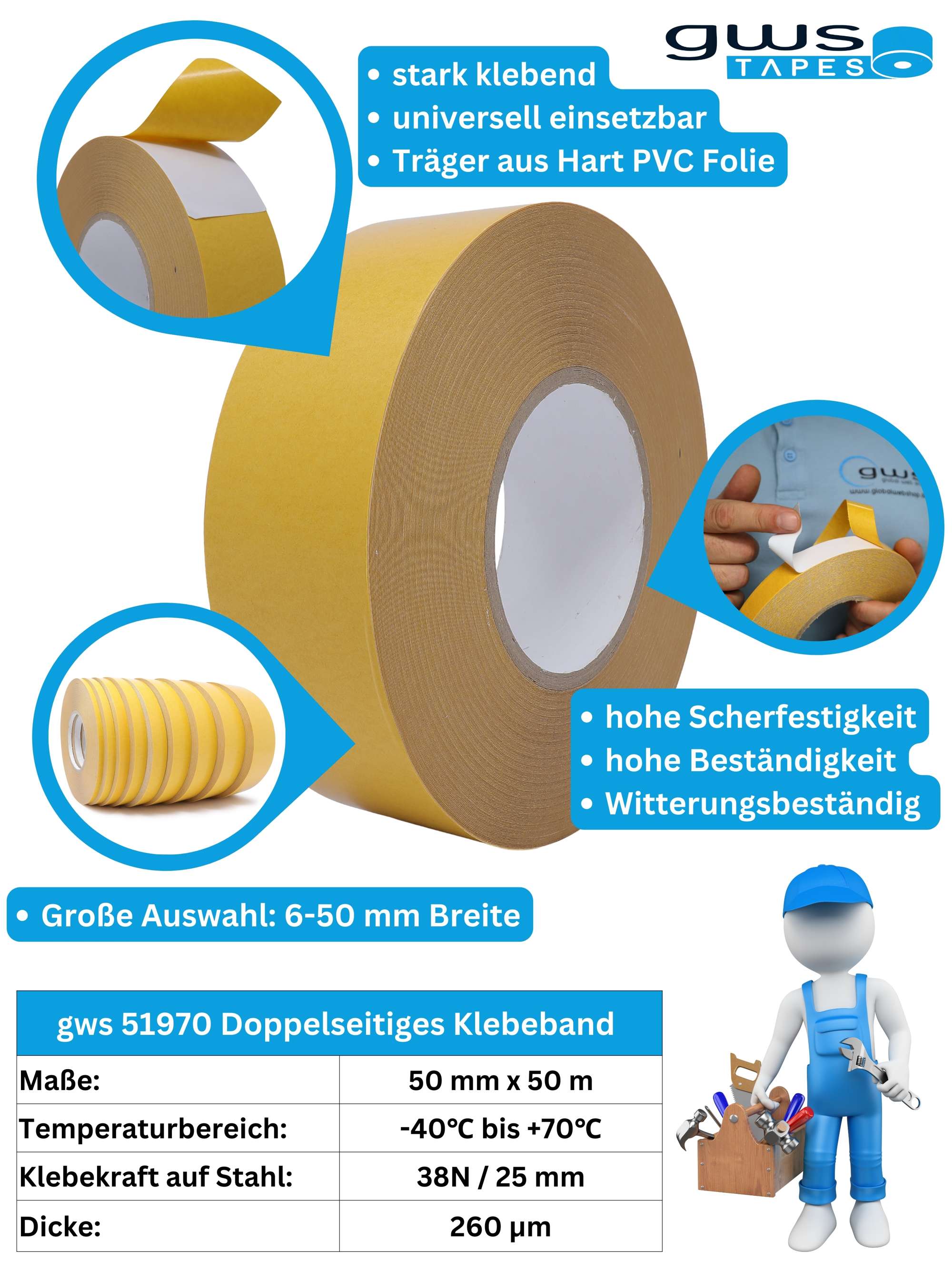 gws Fix 51970 doppelseitiges Klebeband, 50 m x 50 mm