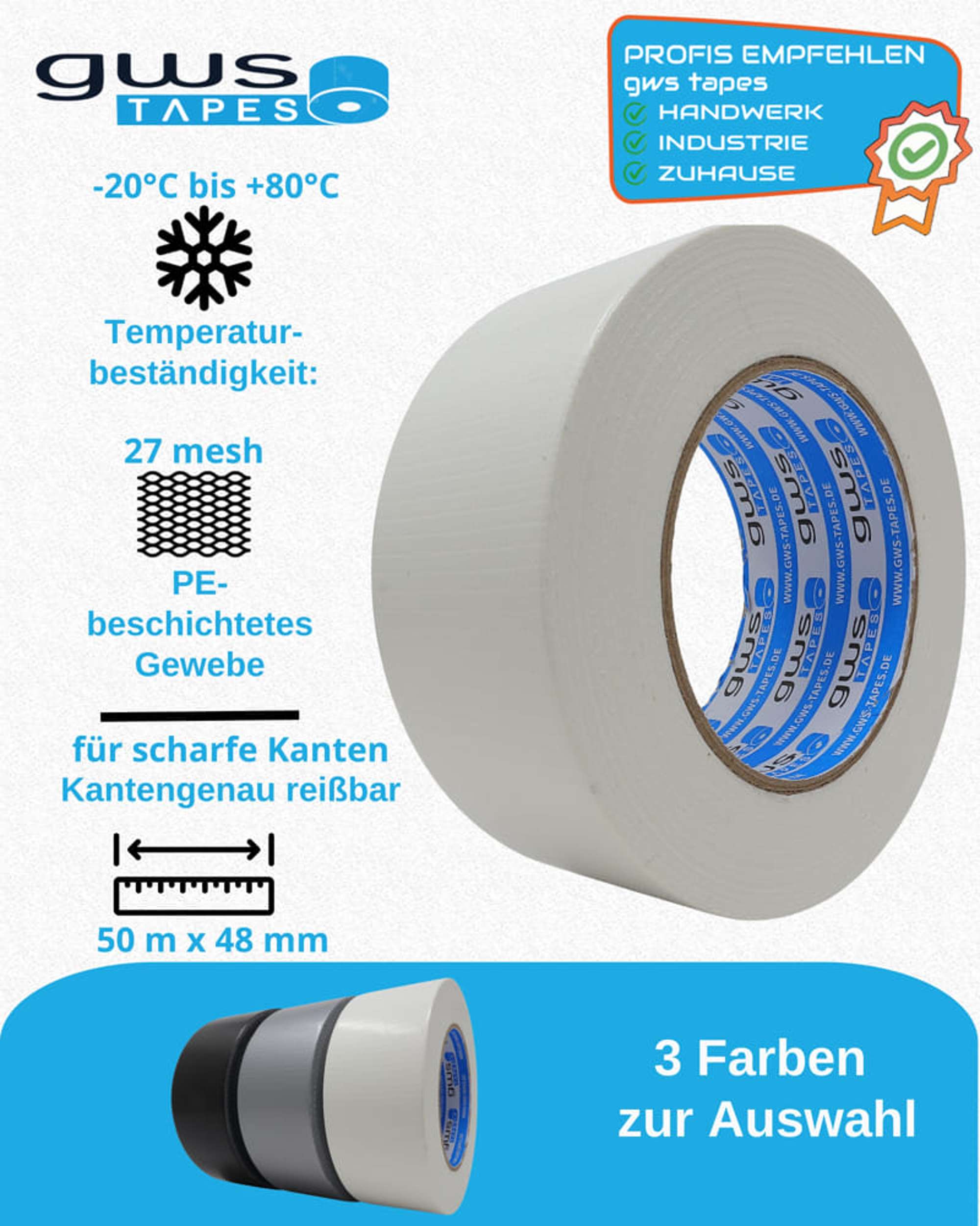 gws 21203 Gewebeband mit 27 Mesh, 50 m x 48 mm, weiss