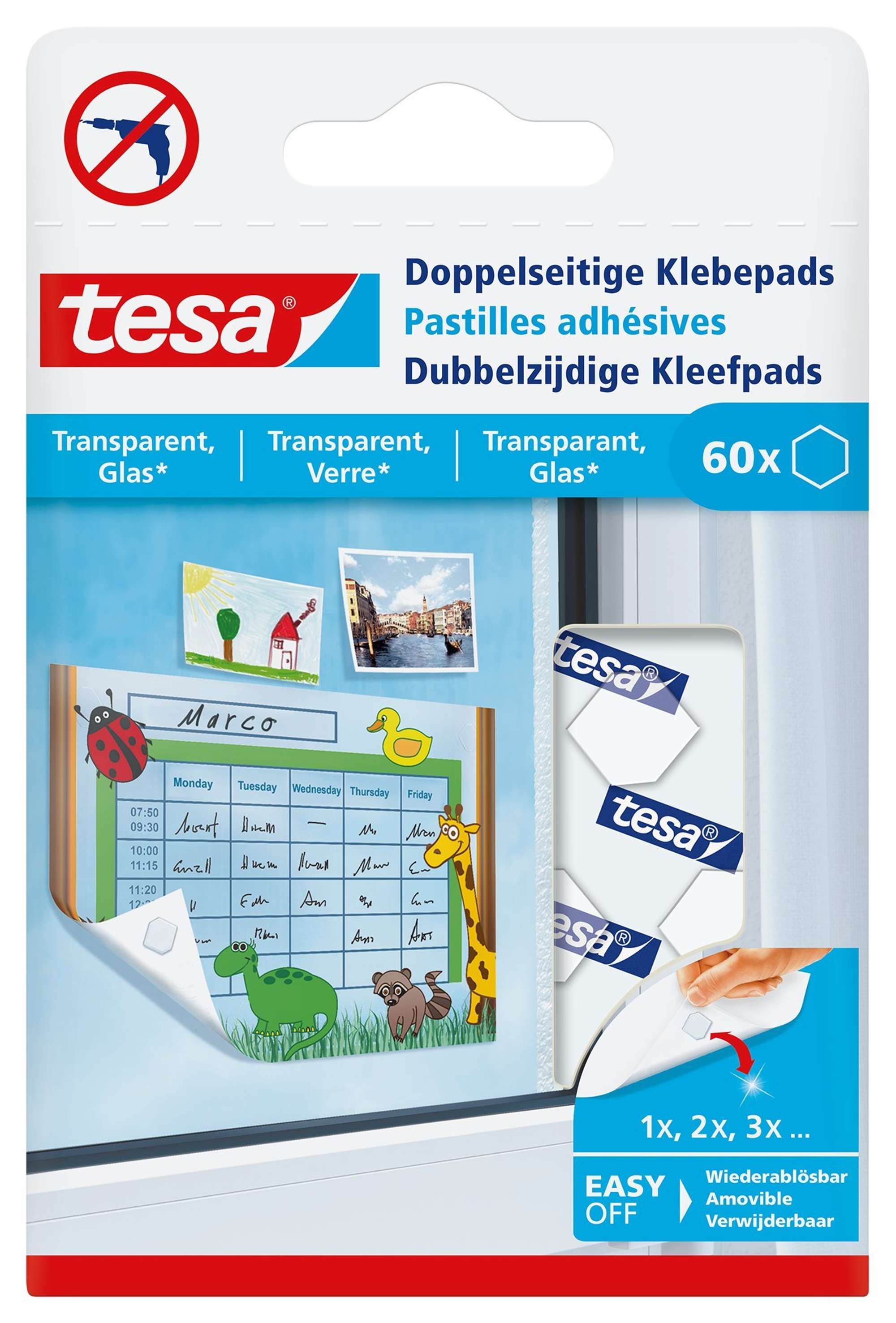 Doppelseitige Klebepads transparent, Glas, 60 Stueck