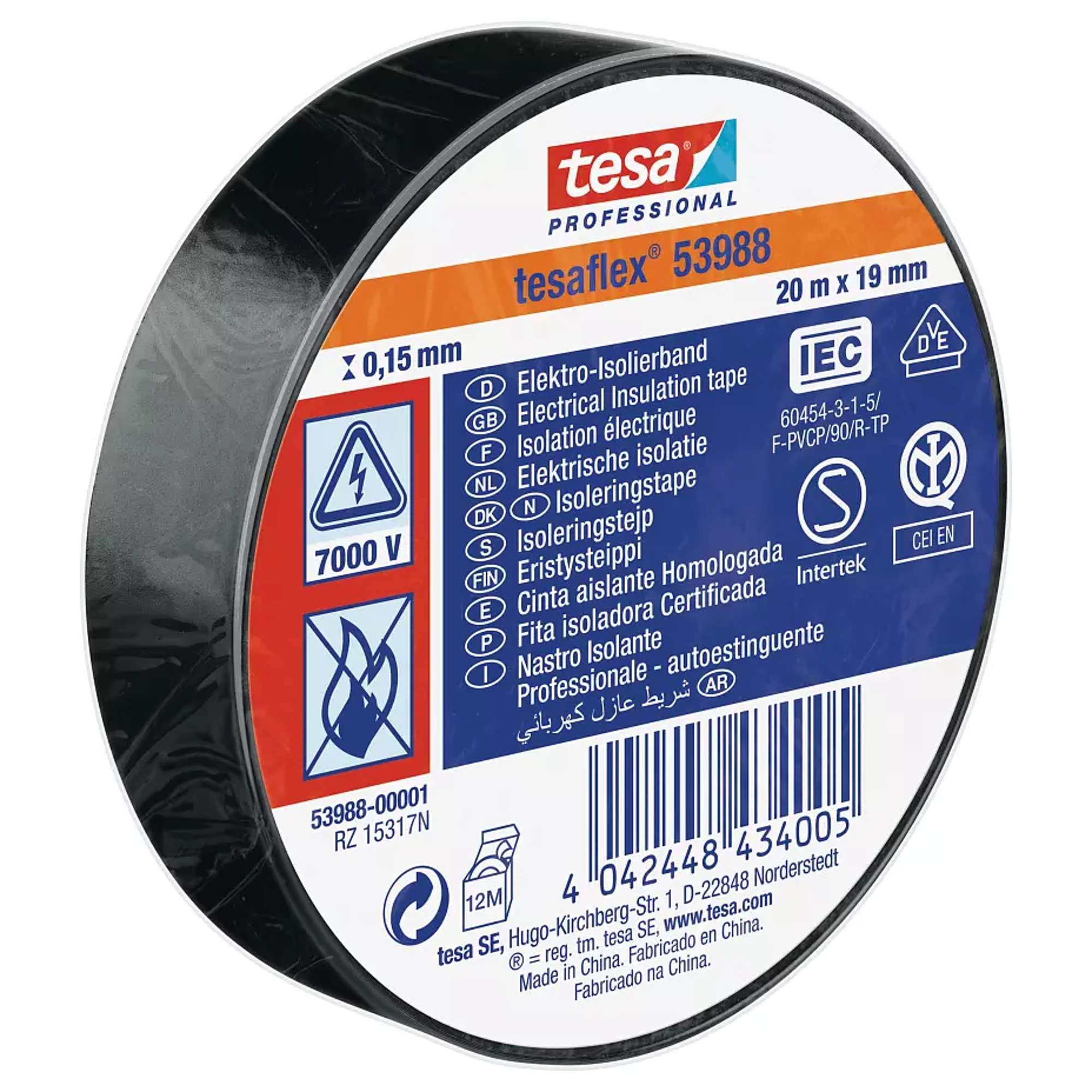 tesa 53988 Professional Isolierband 7000V, 20 m x 19 mm, schwarz