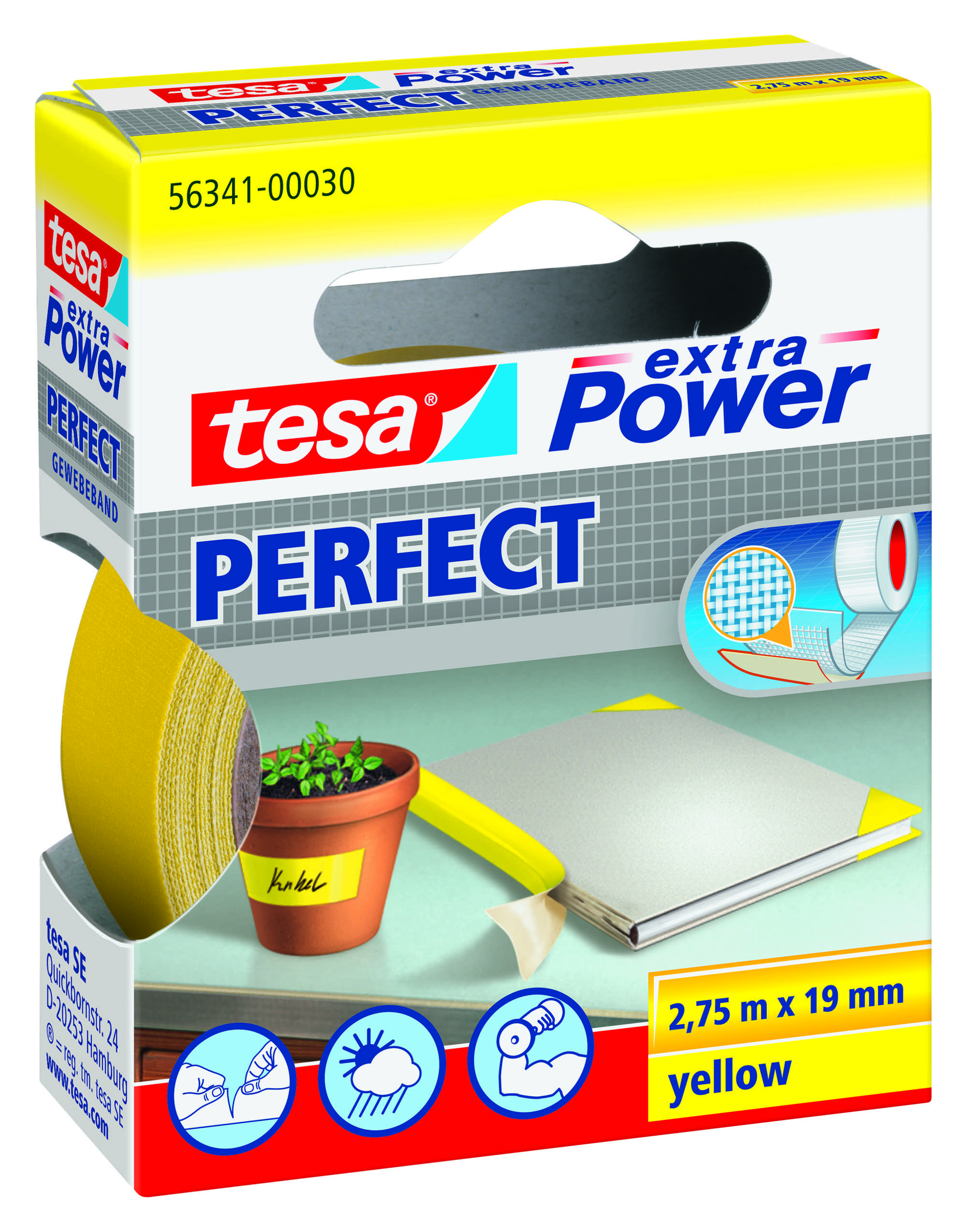 tesa extra Power Perfect Gewebeband, 2,75 m x 19 mm, gelb