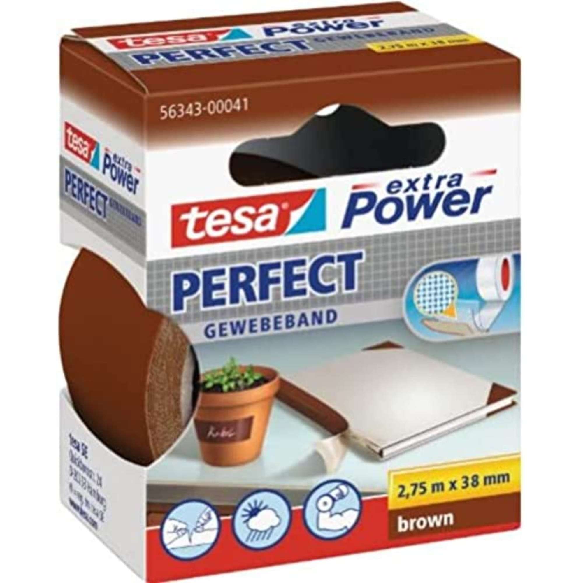 tesa extra Power Perfect Gewebeband, 2,75 m x 38 mm, braun