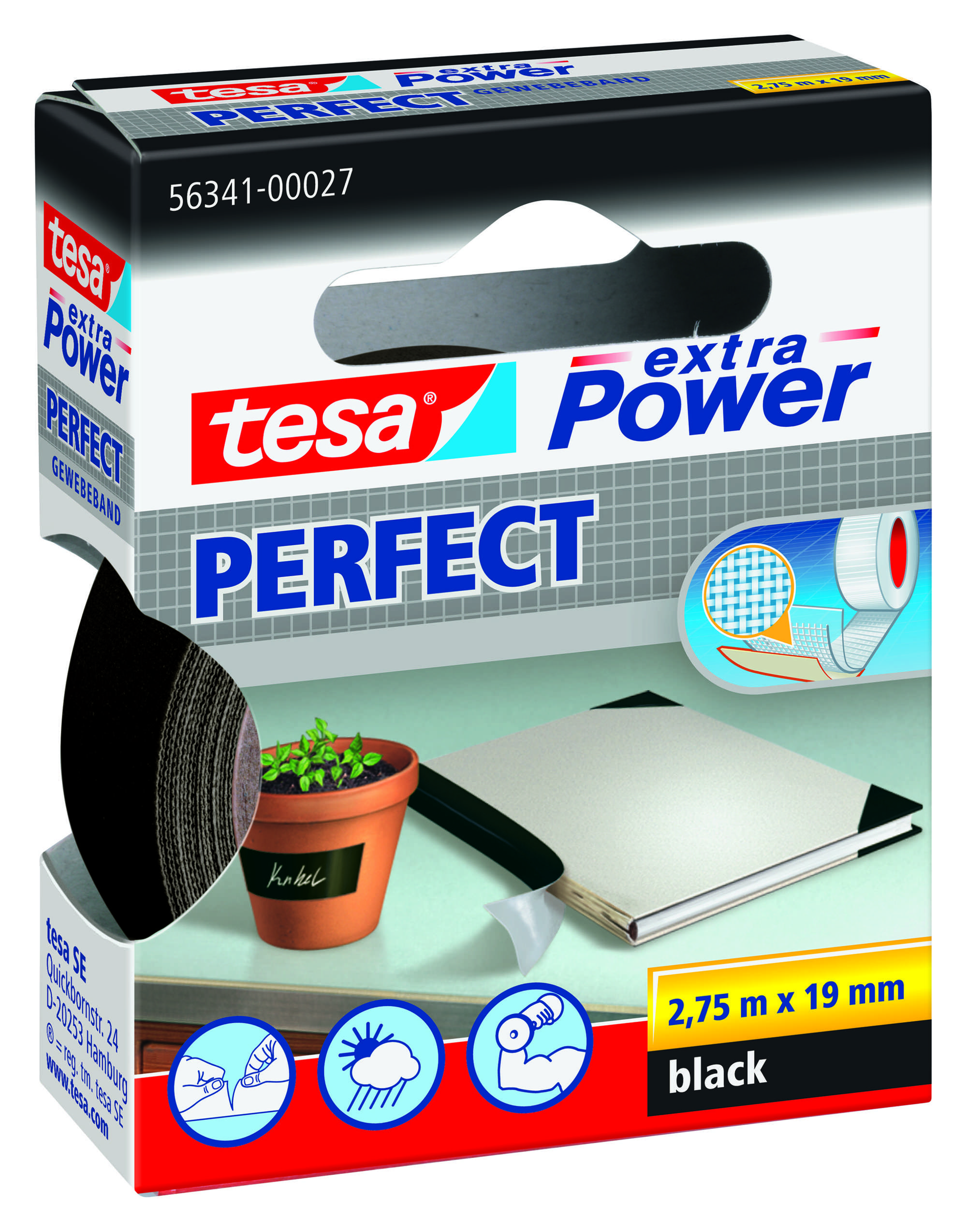 tesa extra Power Perfect Gewebeband, 2,75 m x 19 mm, schwarz