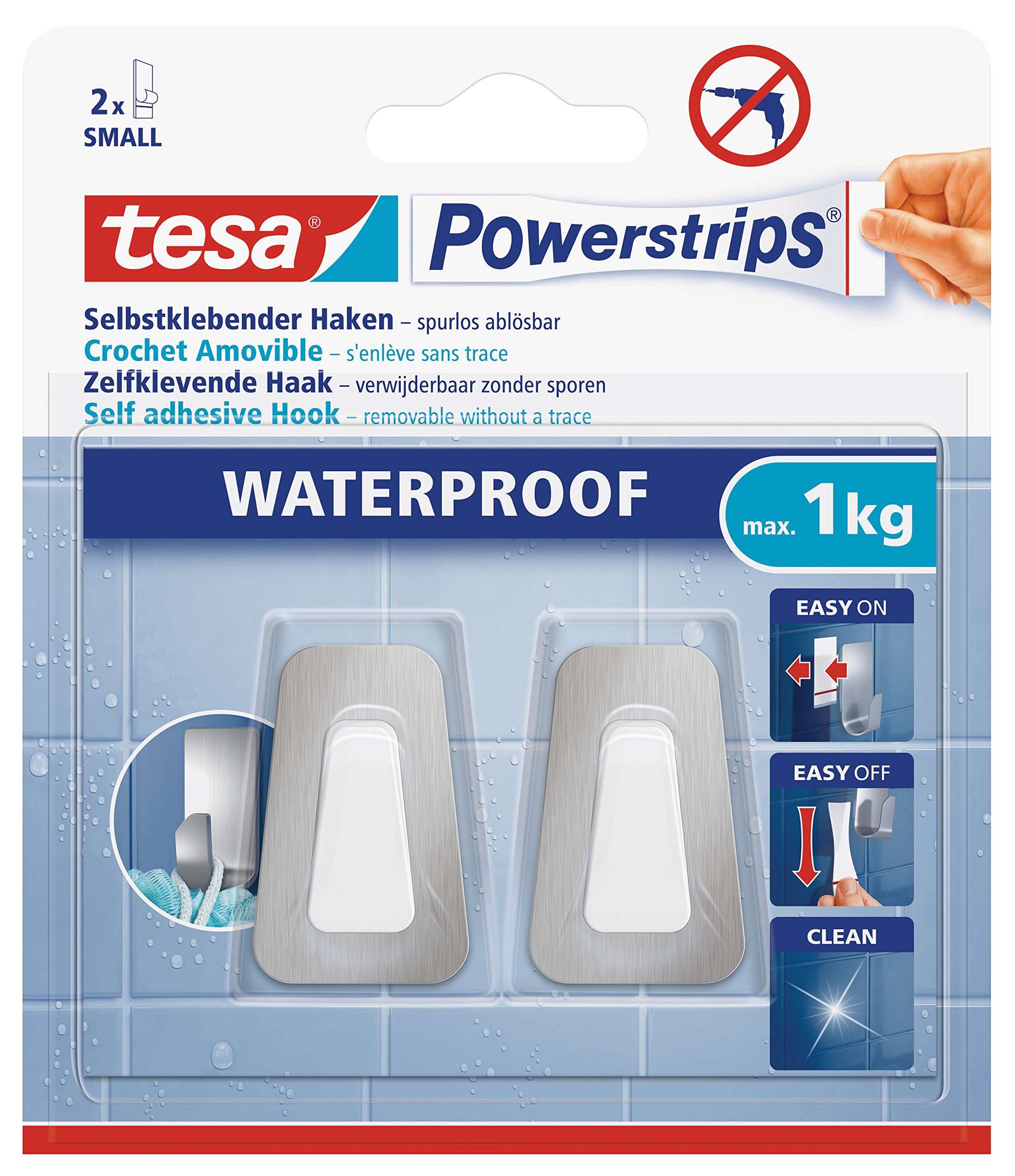 tesa Powerstrips Haken Waterproof S Metall-Kunststoff 59783, 2 Haken + 2 Powerstrips Small (1 kg)
