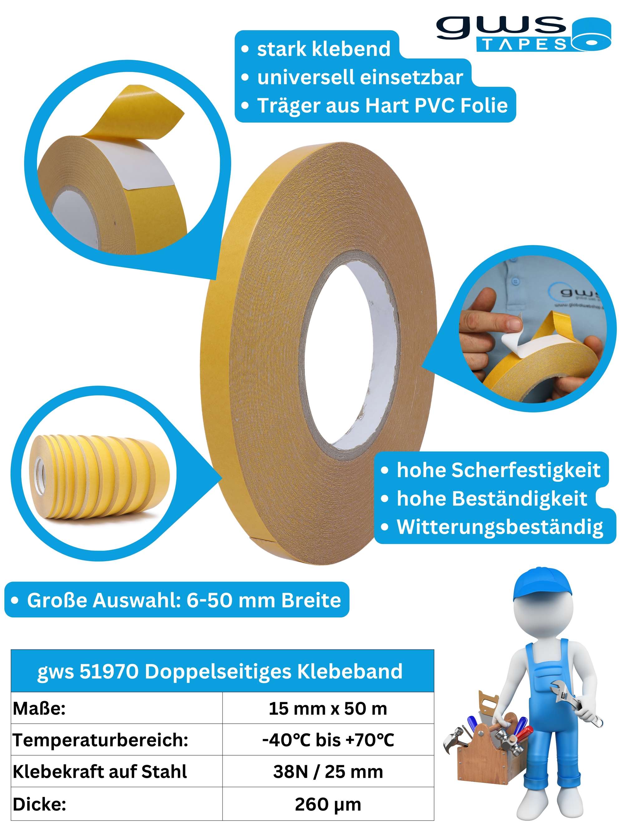 gws Fix 51970 doppelseitiges Klebeband, 50 m x 15 mm