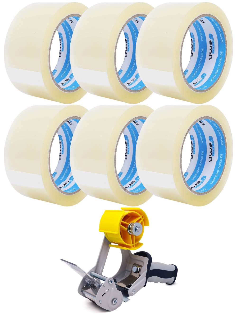 gws Verpackungsklebeband-Set, 66 m x 50 mm, Abroller + 6 Rollen transparent