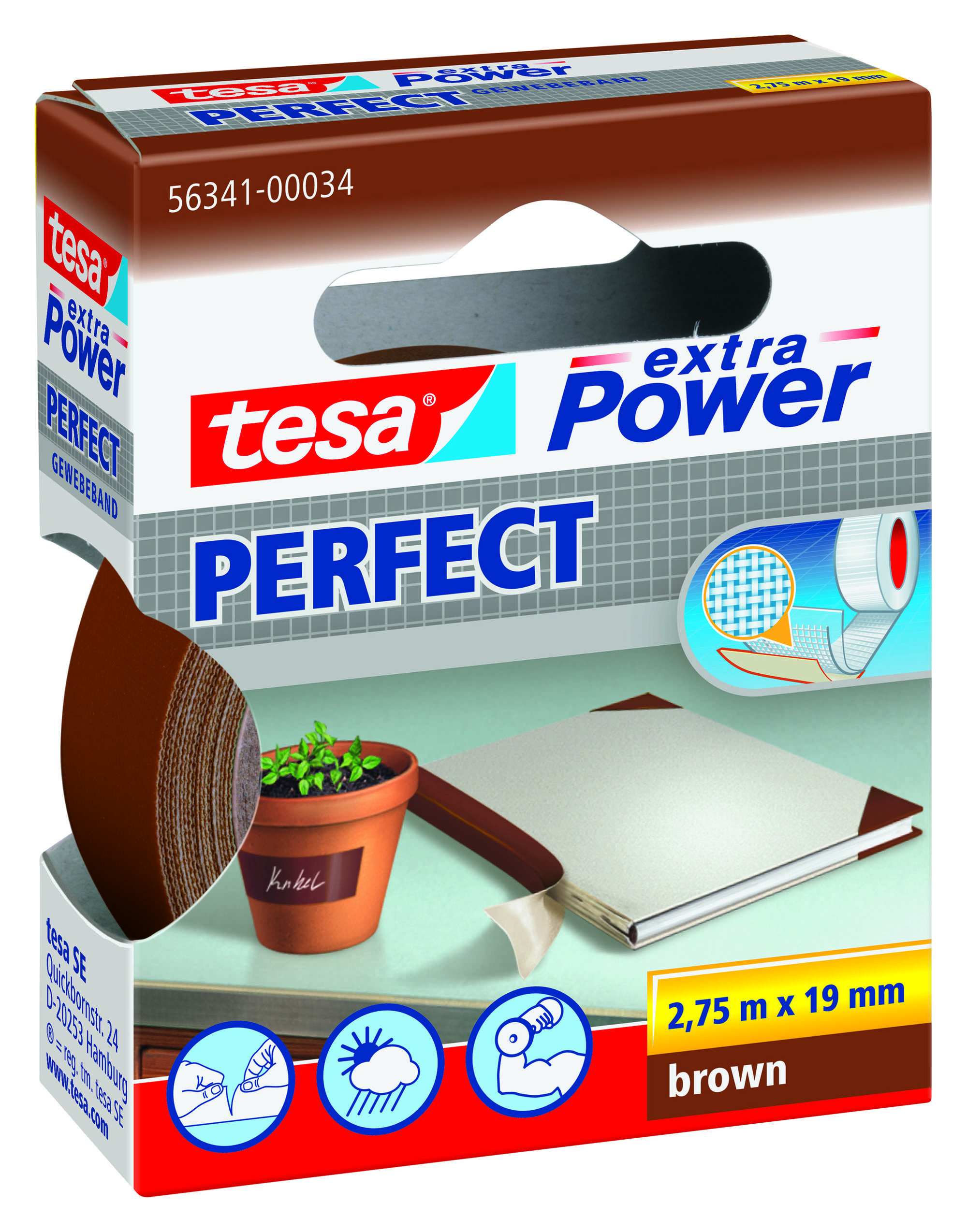 tesa extra Power Perfect Gewebeband, 2,75 m x 19 mm, braun