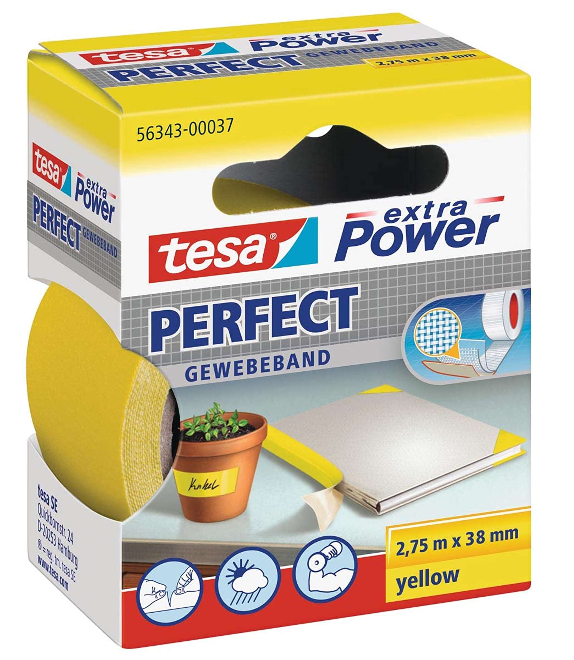 tesa extra Power Perfect Gewebeband, 2,75 m x 38 mm, gelb