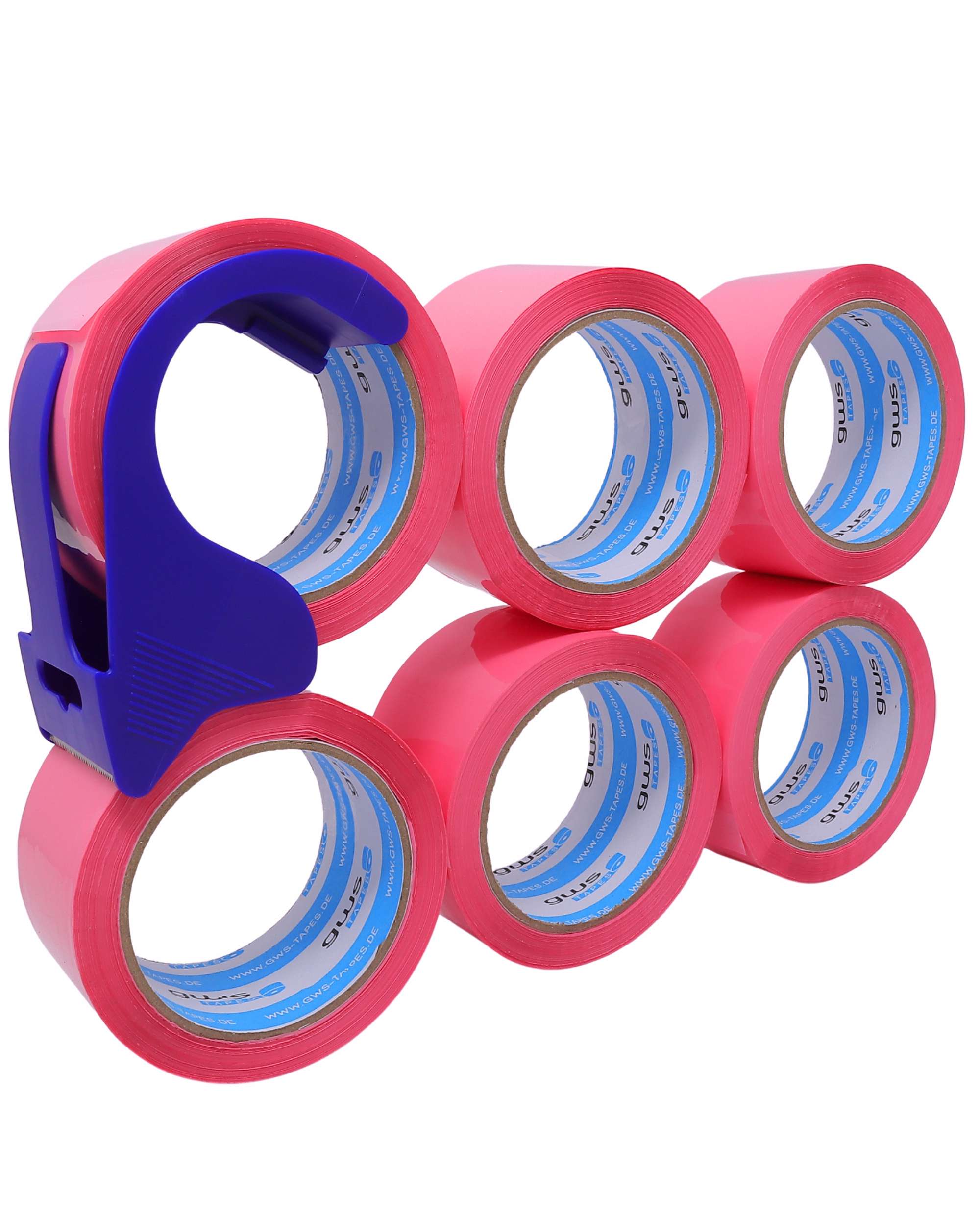 gws Verpackungsklebeband-Set, 66 m x 50 mm, Mini-Abroller + 6 Rollen pink
