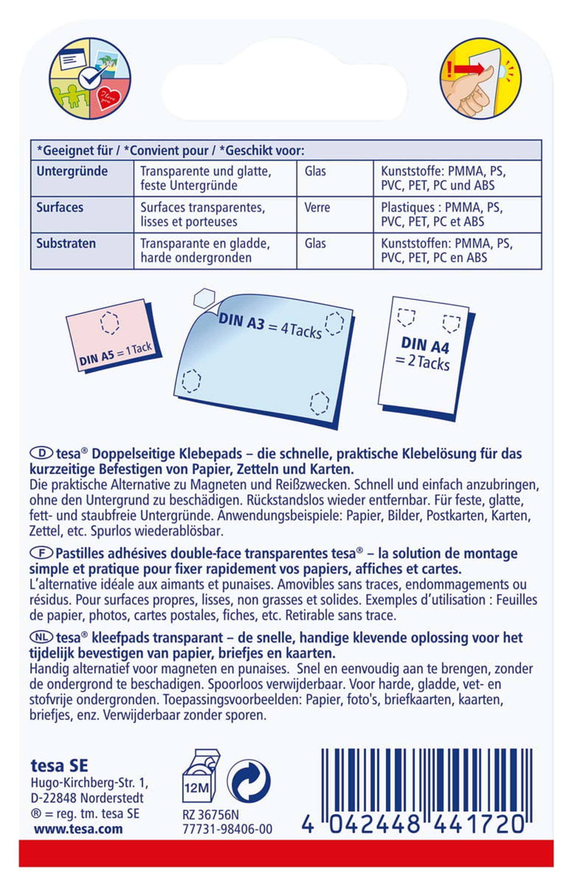 Doppelseitige Klebepads transparent, Glas, 60 Stueck