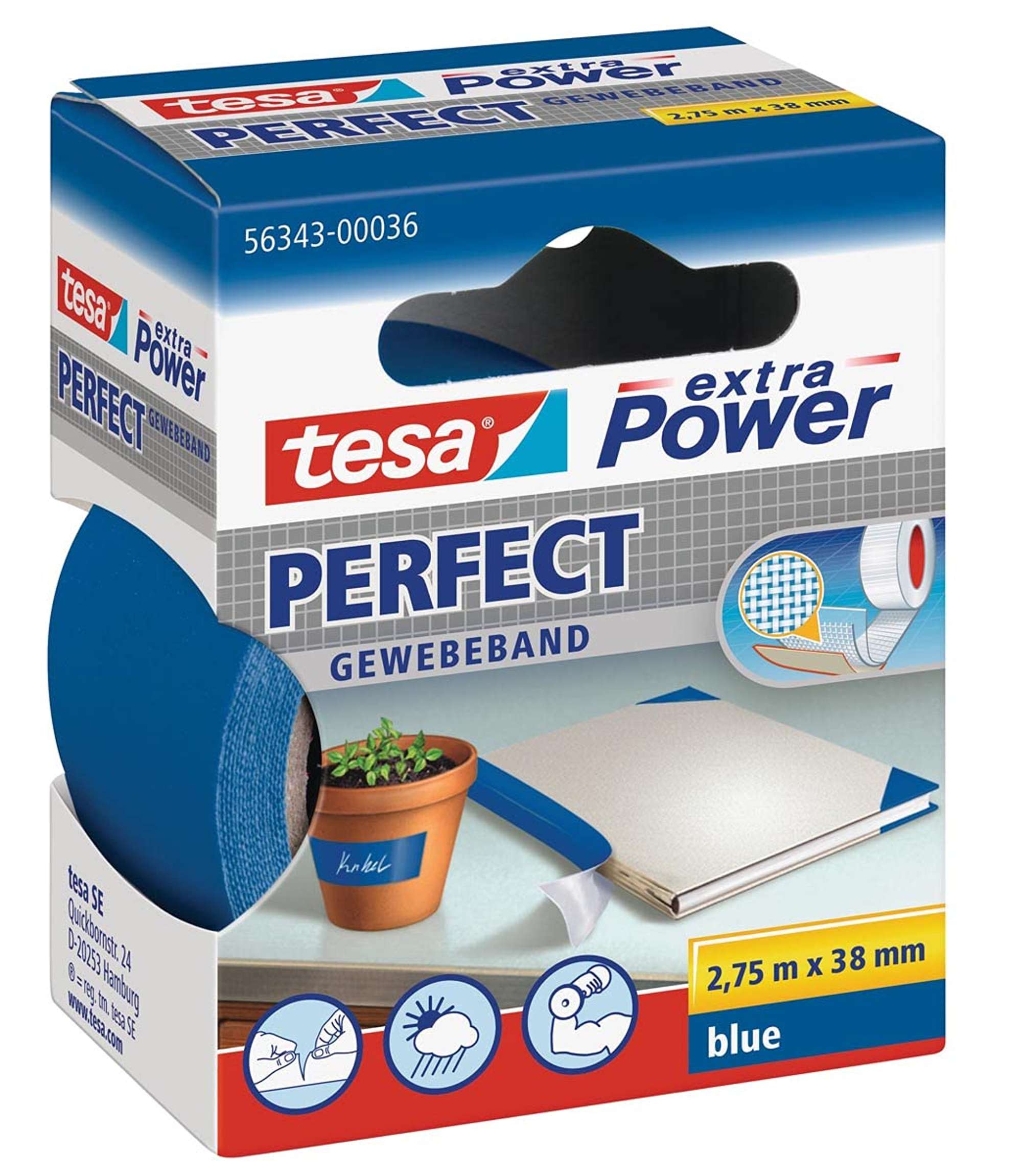 tesa extra Power Perfect Gewebeband, 2,75 m x 38 mm, blau