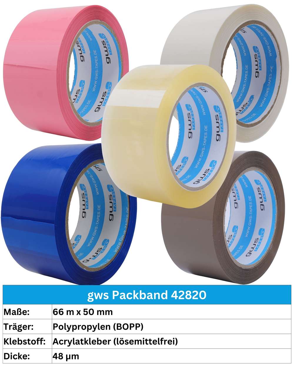 gws Tapes 42820 Packband PP, geräuscharm abrollend, 66 m x 50 mm, blau