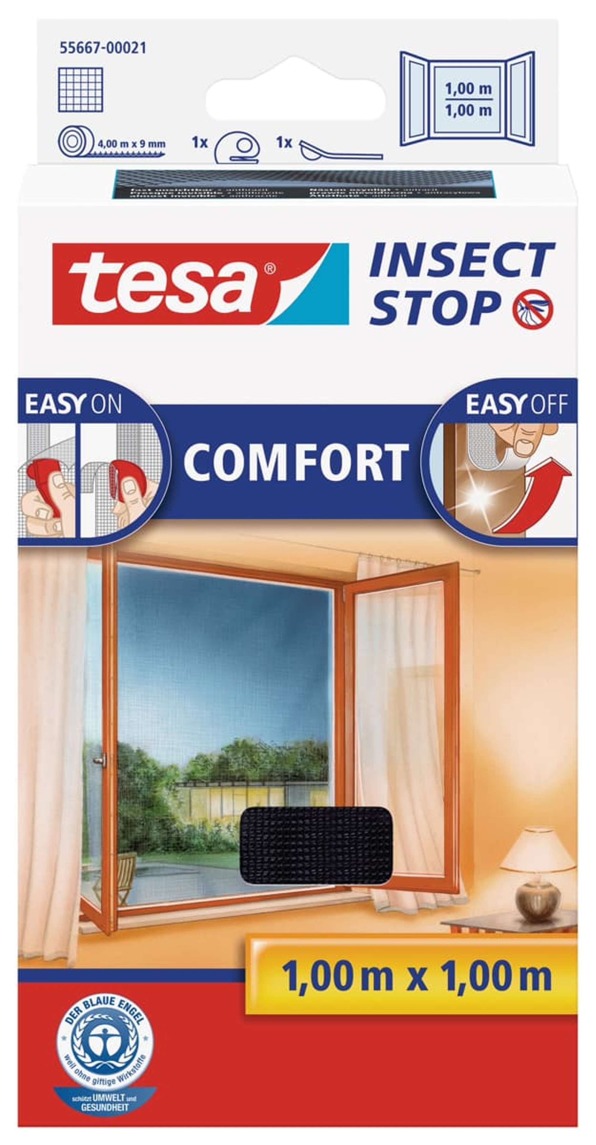 tesa Insect Stop Fliegengitter COMFORT fuer Fenster, 1,00 m x 1,00 m, Anthrazit