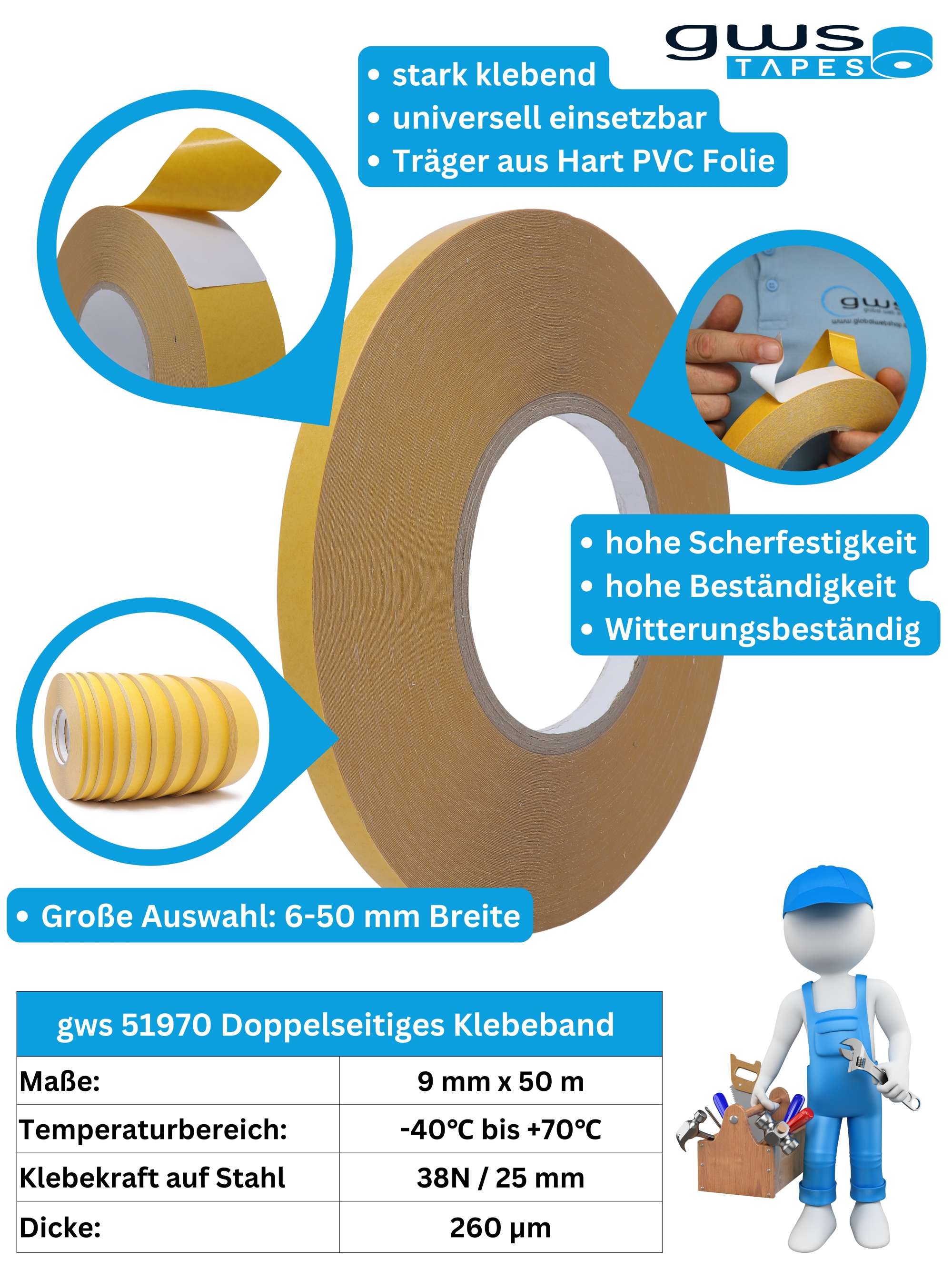gws Fix 51970 doppelseitiges Klebeband, 50 m x 9 mm