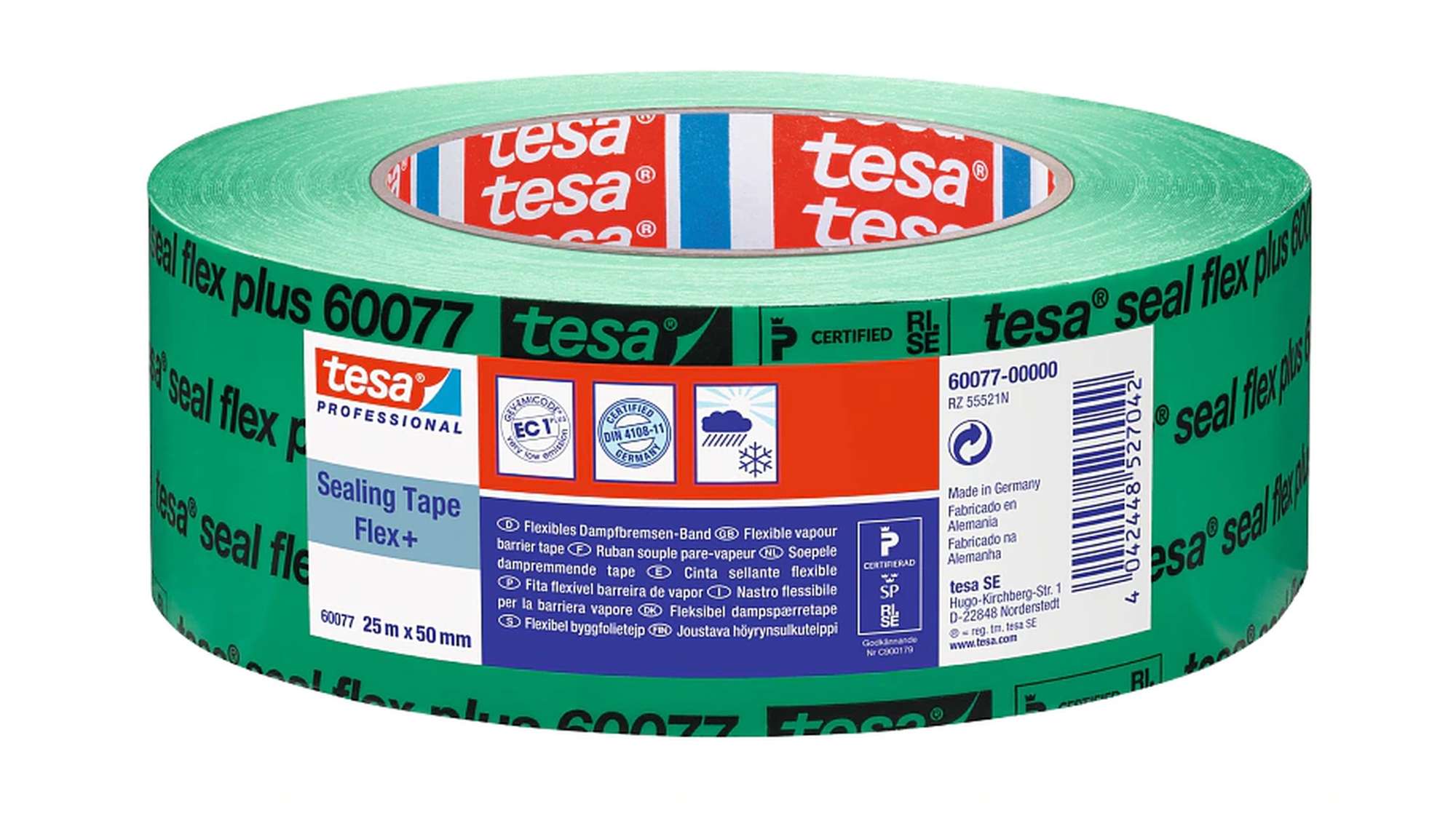 tesa 60077 Seal Flex Dampfbremsen-Band, Flexibles Dichtungsband, 25 m x 50 mm, gruen