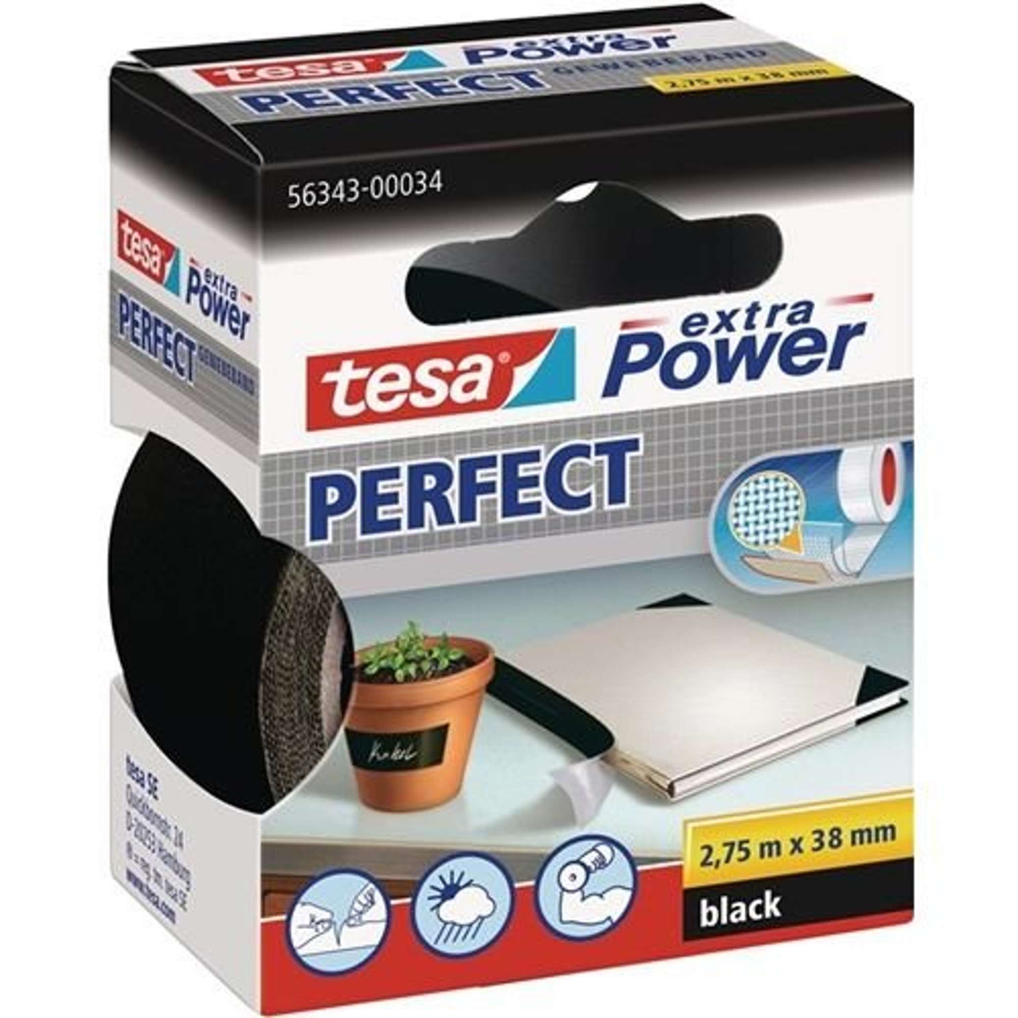 tesa extra Power Perfect Gewebeband, 2,75 m x 38 mm, schwarz