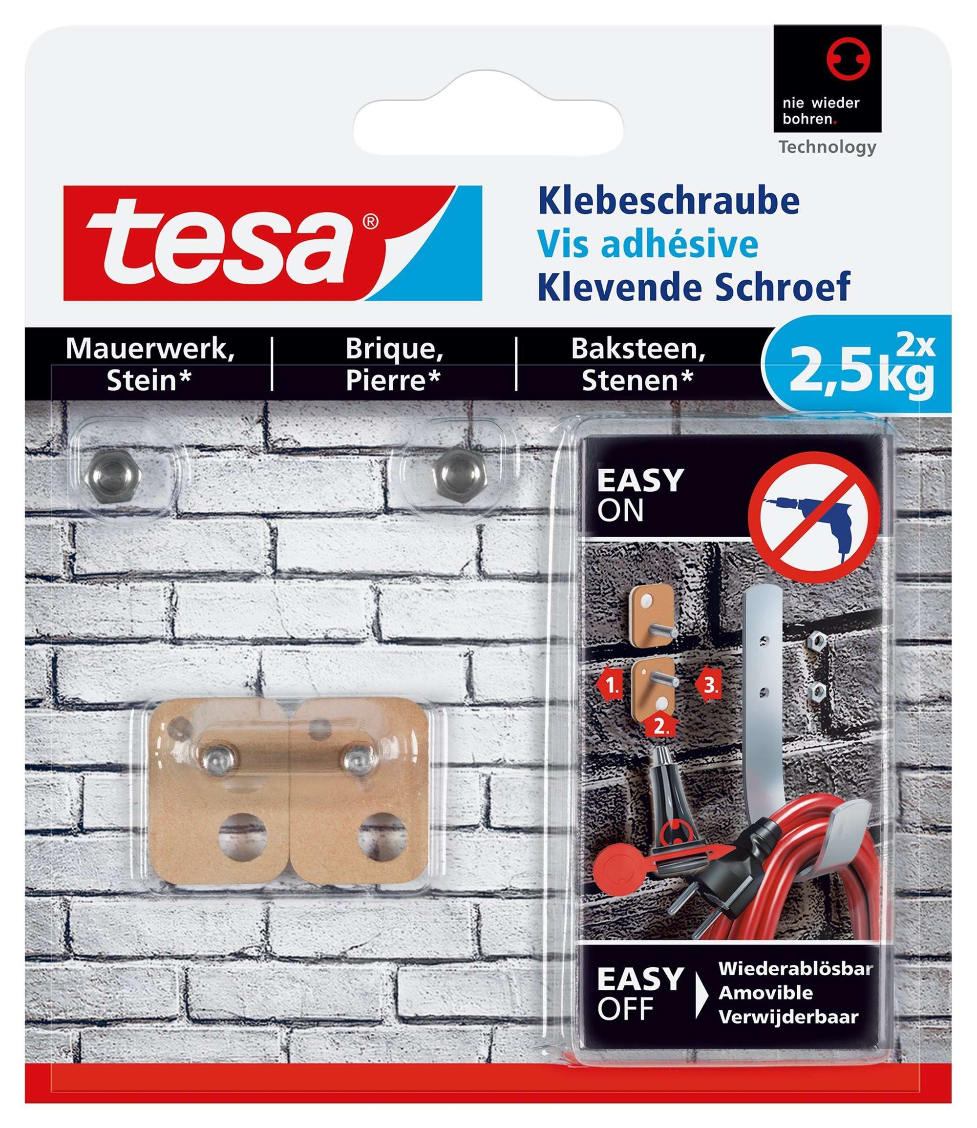 tesa Klebeschraube fuer Mauerwerk und Stein 77902 rechteckig, 2 x 2,5 kg