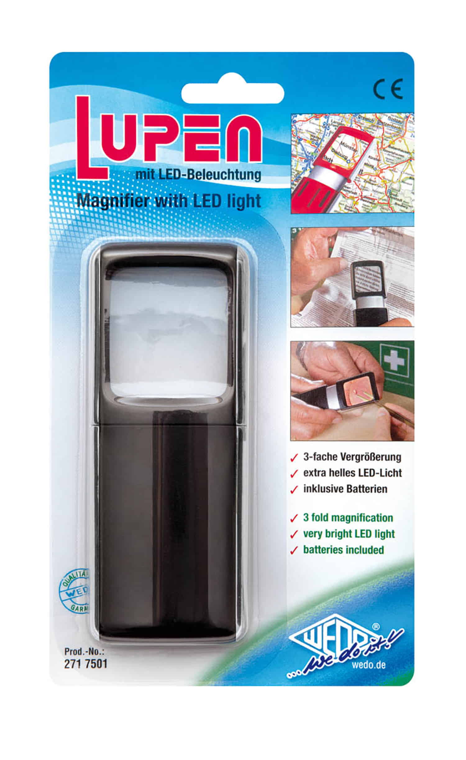 WEDO Lupe eckig beleuchtet sw, incl. Batterien - P