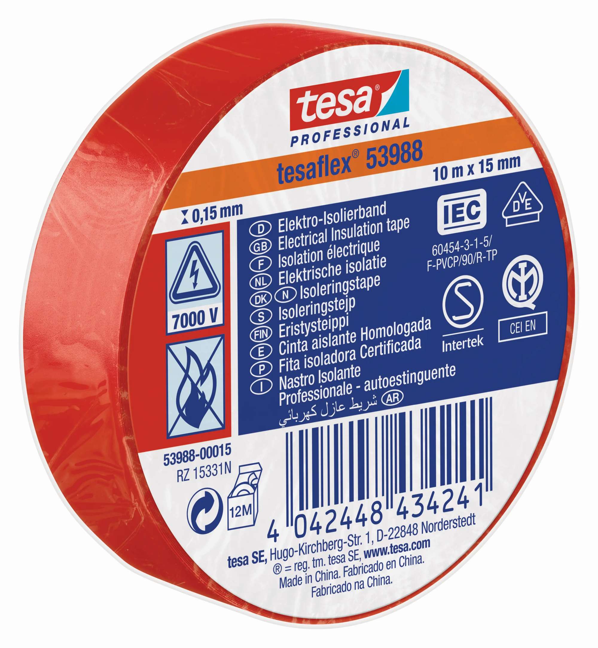 tesa 53988 Professional Isolierband 7000V, 10 m x 15 mm, rot