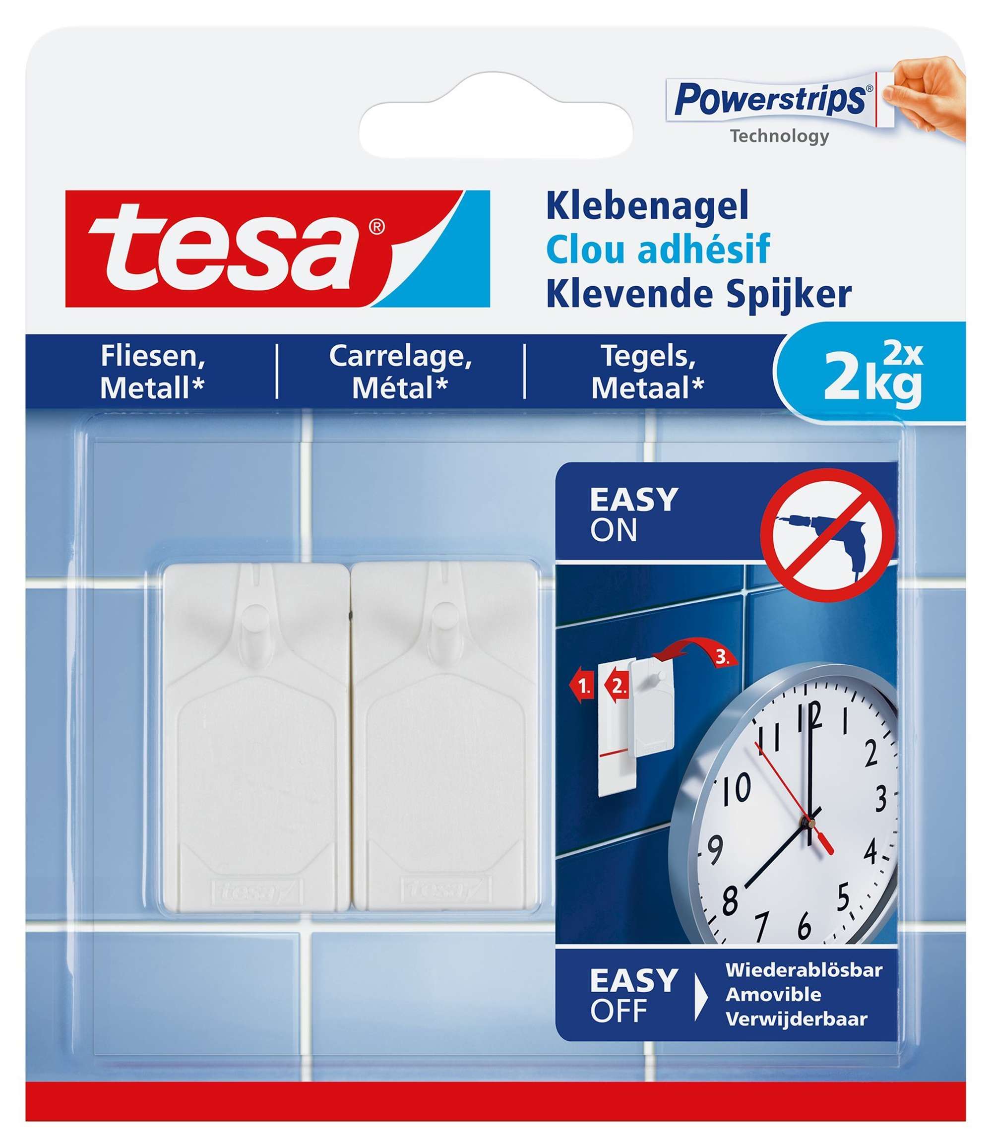 tesa Klebenagel fuer Fliesen und Metall 77762, 2 Klebenaegel + 3 Powerstrips, weiss