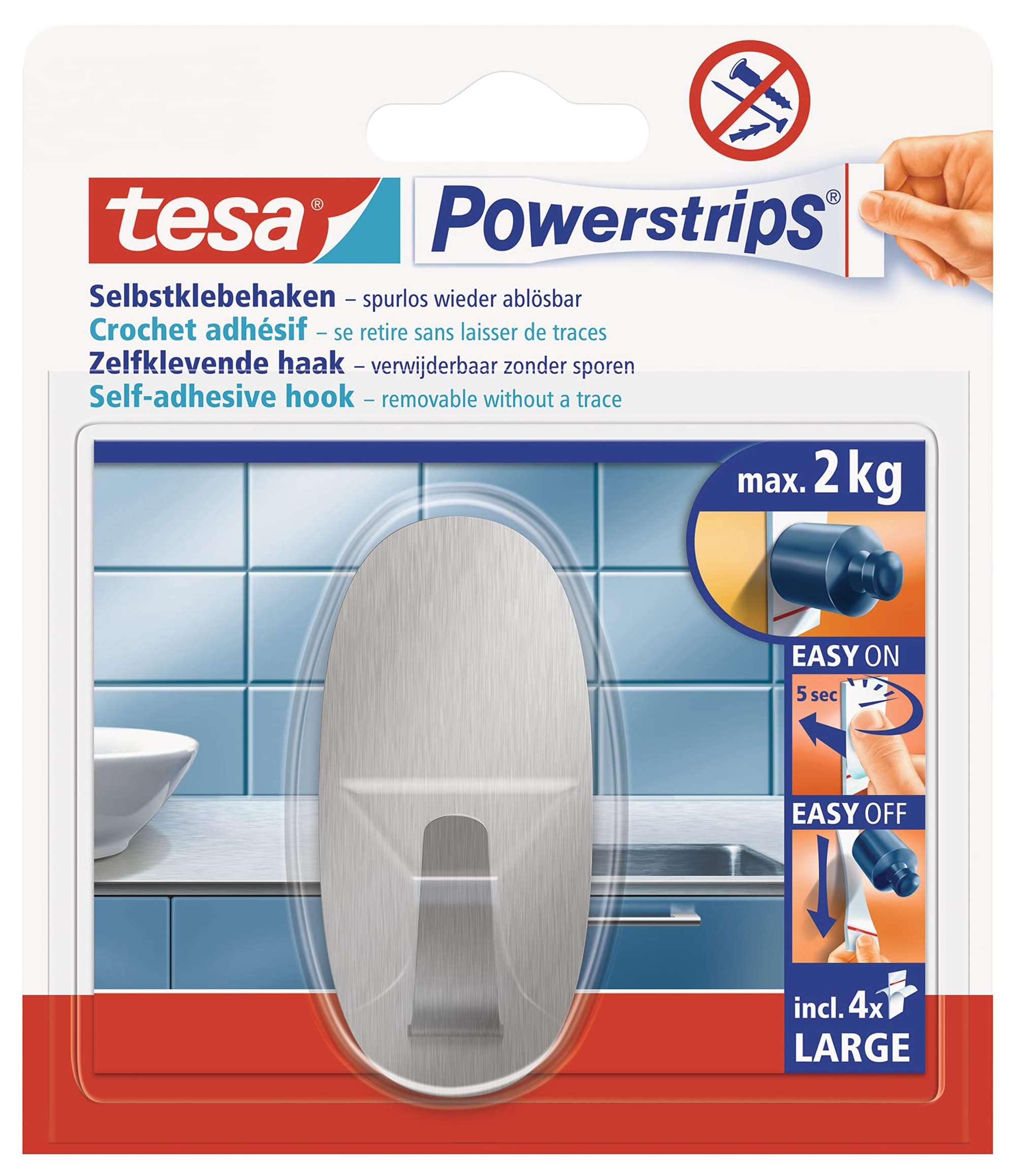 tesa Powerstrips Haken L Metall Oval 58621, 1 Haken + 4 Powerstrips Large, edelstahl