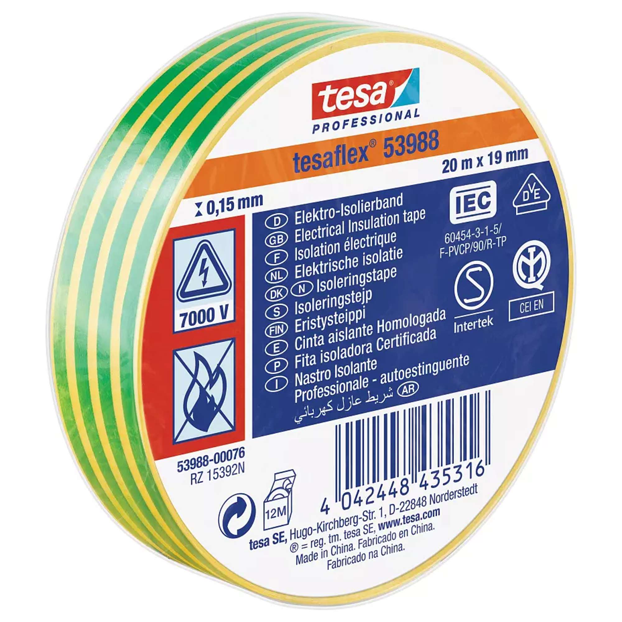 tesa 53988 Professional Isolierband 7000V, 20 m x 19 mm, gelb/gruen