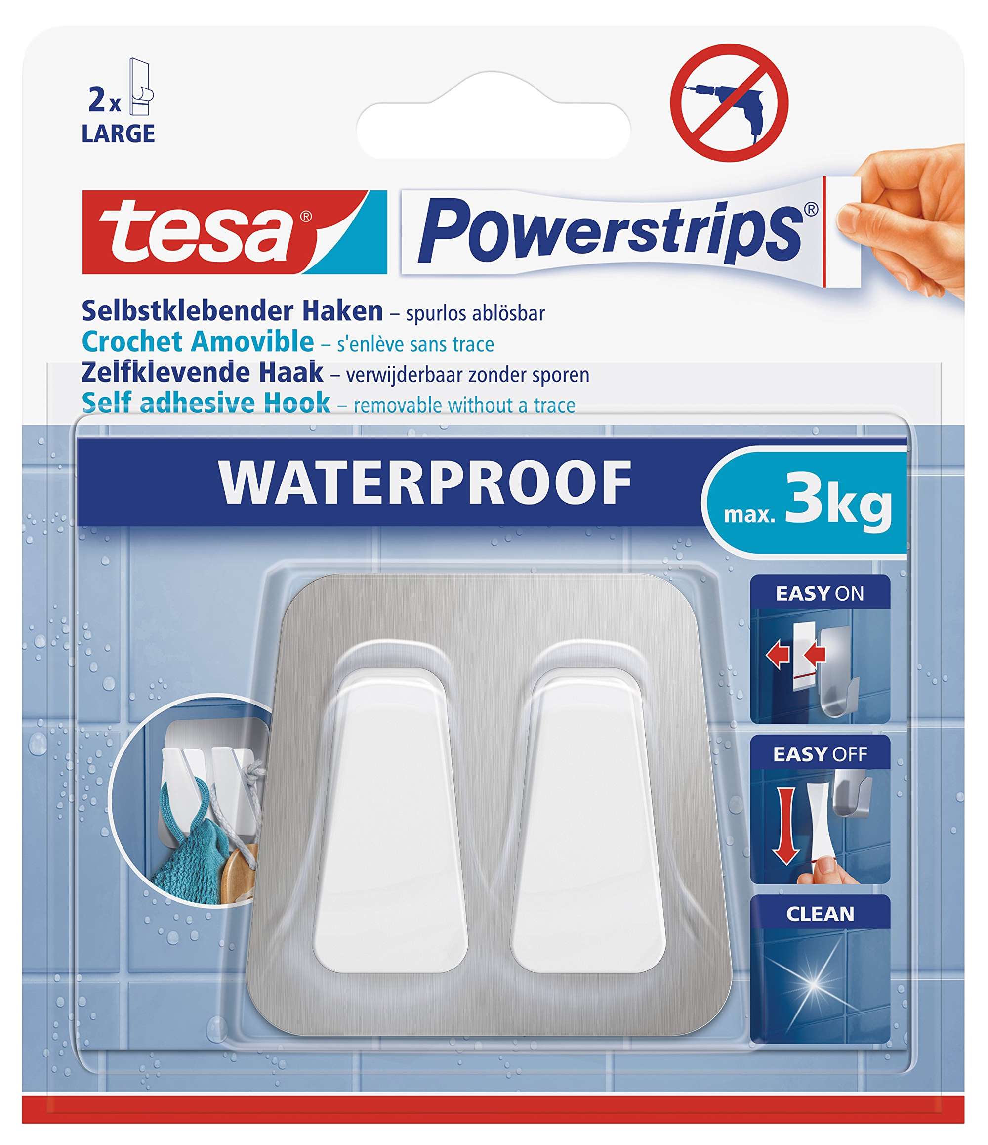 tesa Powerstrips Doppelhaken Waterproof Metall-Kunststoff 59785, 1 Doppelhaken + 2 Strips Large, metallic-weiss