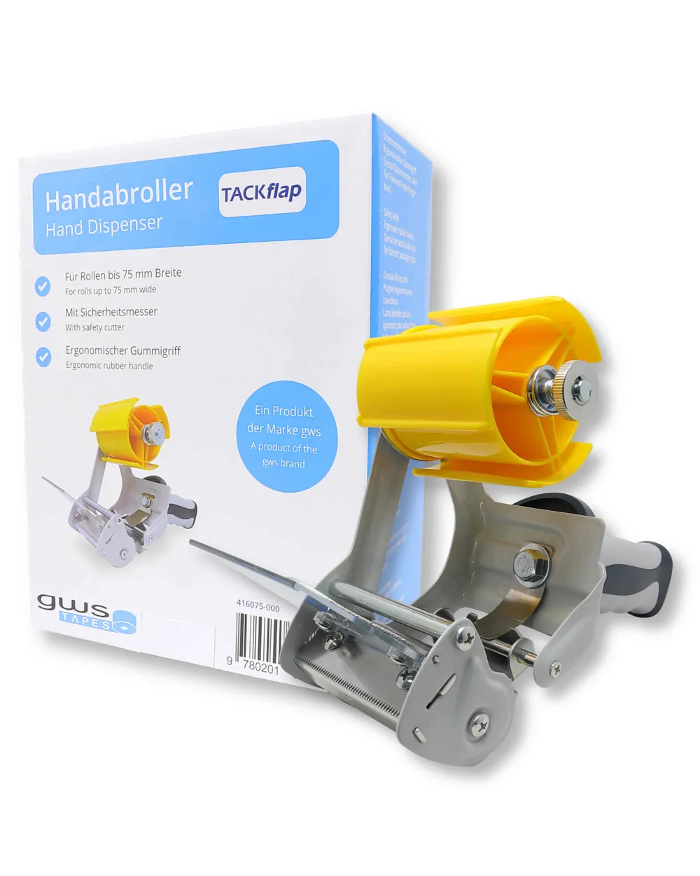 gws 416075 Packband Handabroller mit Sicherheitsmesser, TACKflap, bis 75 mm