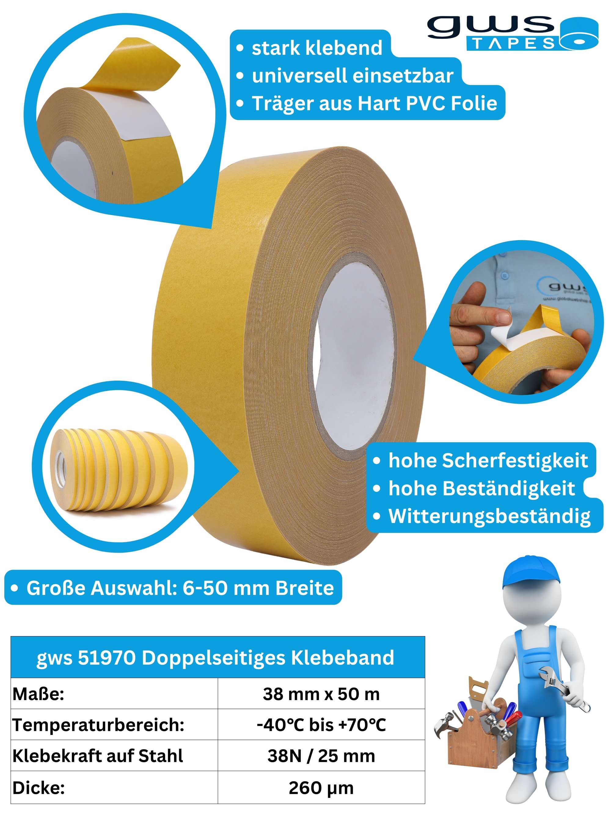 gws Fix 51970 doppelseitiges Klebeband, 50 m x 38 mm