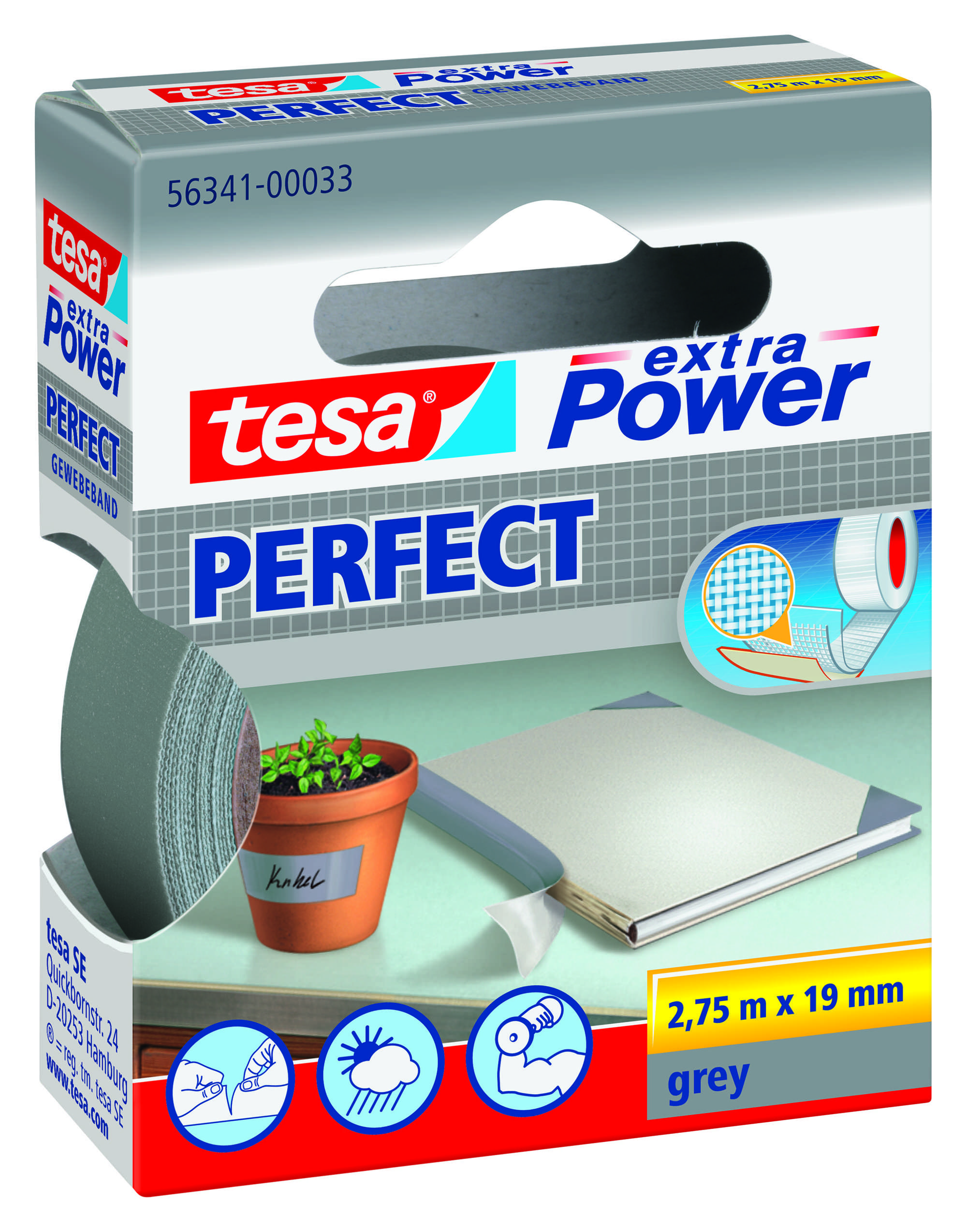 tesa extra Power Perfect Gewebeband, 2,75 m x 19 mm, grau