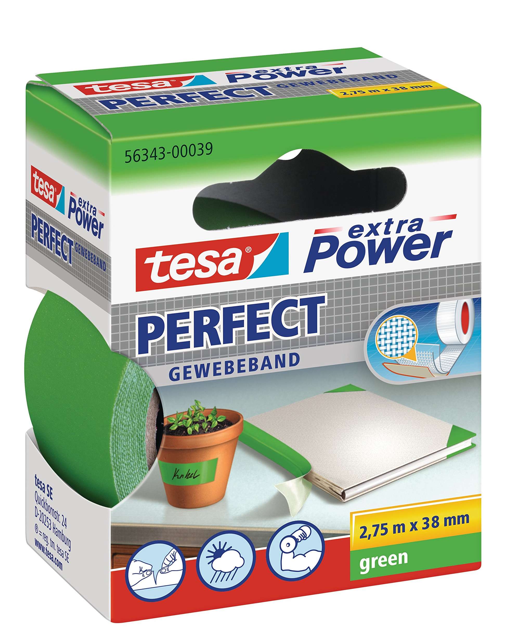 tesa extra Power Perfect Gewebeband, 2,75 m x 38 mm, gruen