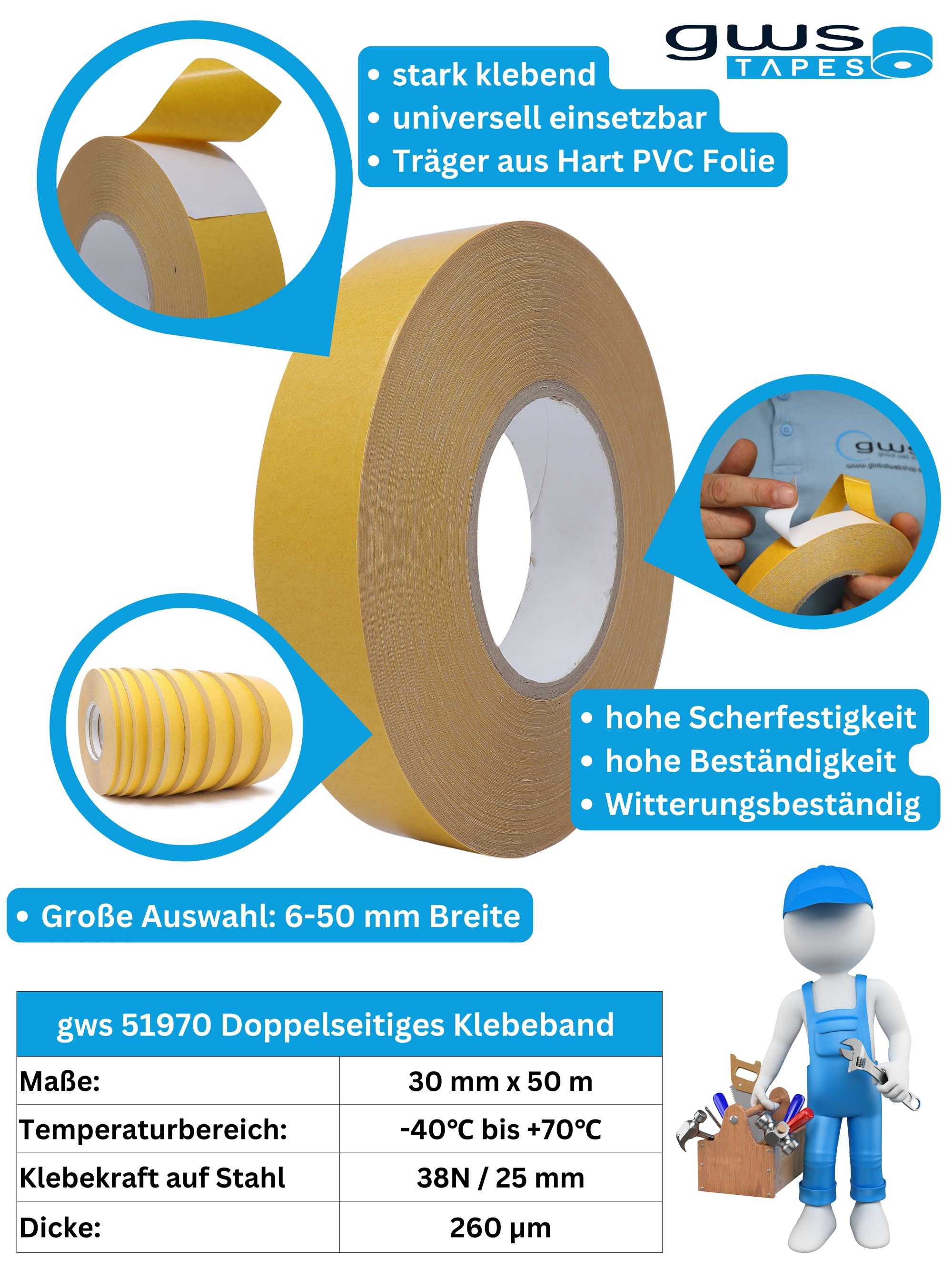 gws Fix 51970 doppelseitiges Klebeband, 50 m x 30 mm