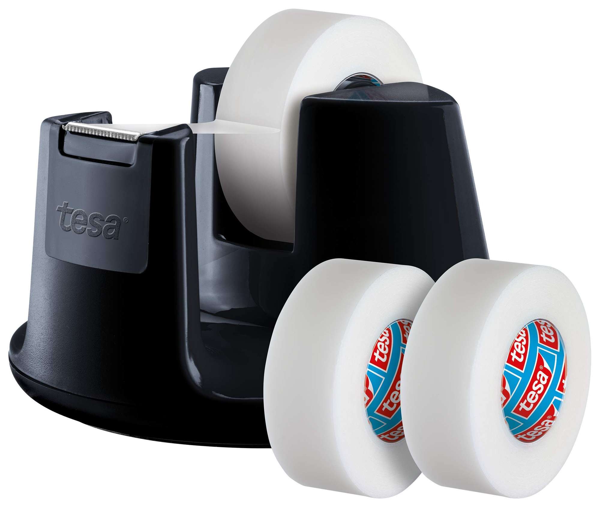 tesafilm Tischabroller Compact fuer Rollen bis 33 m x 19 mm, Schwarz + 3 Rollen invisible (33 m x 19 mm)