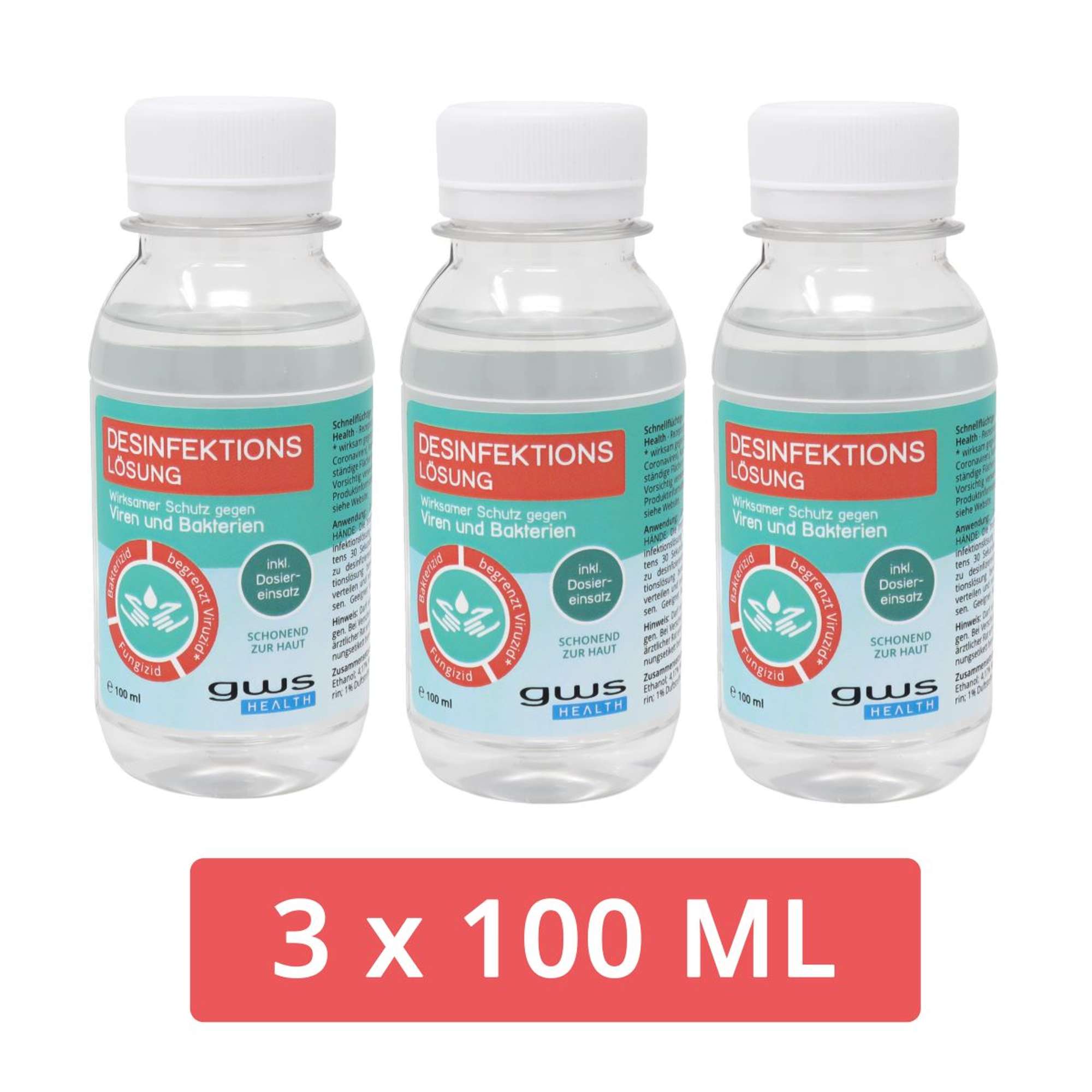 gws Desinfektionsloesung versch. Groessen, Haende - alkoholbestaendige Flaechen, 3 Flaeschchen á 100ml
