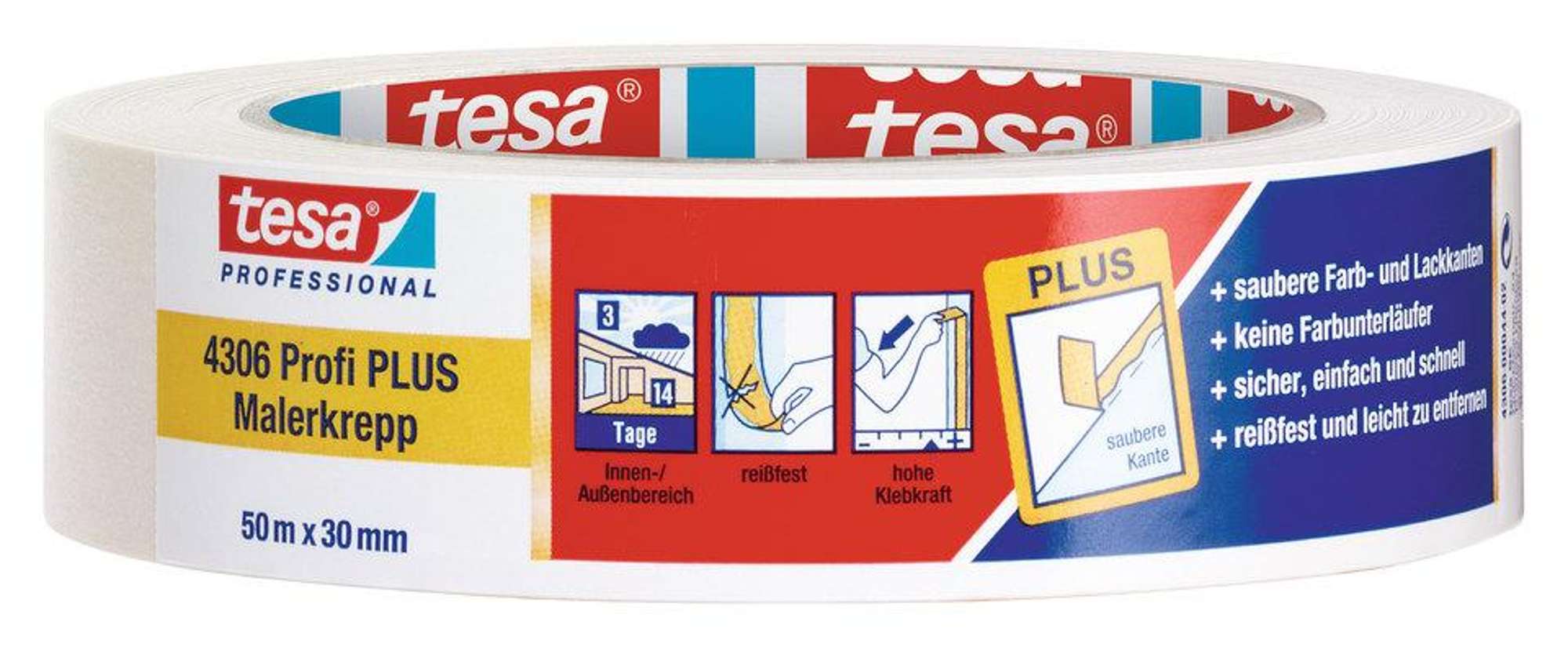 tesa 4306 Profi PLUS Malerkrepp, 50 m x 30 mm, naturweiss
